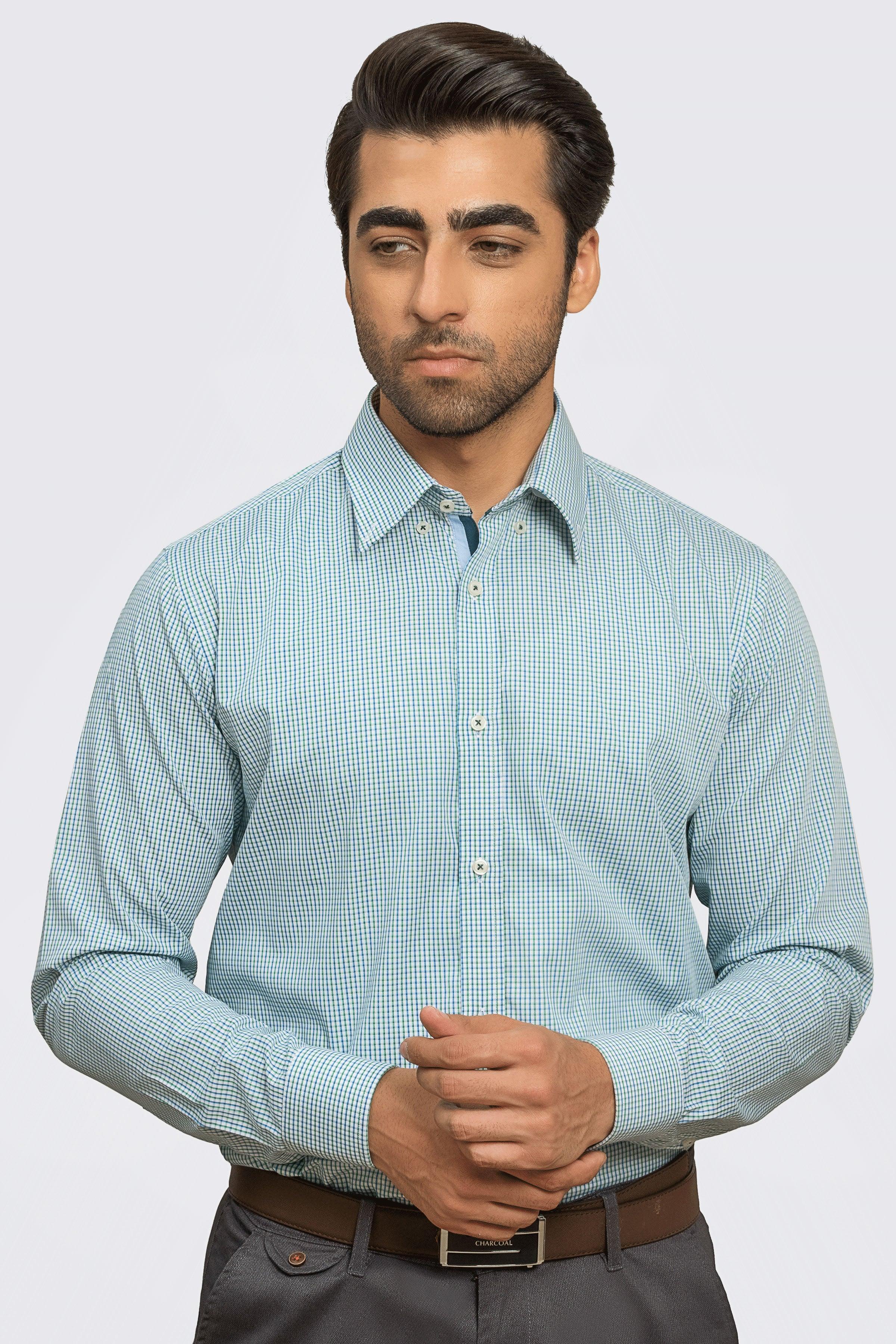 SEMI FORMAL SHIRT BLUE GREEN CHECK at Charcoal Clothing