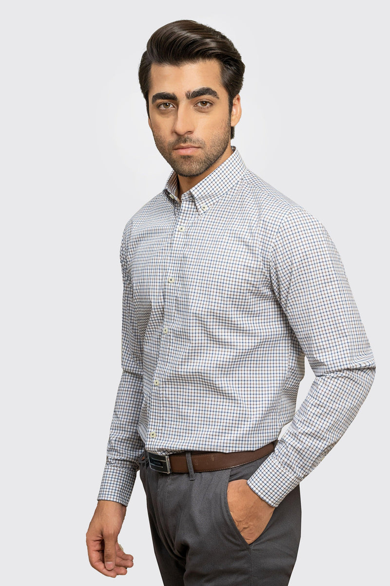 SEMI FORMAL SHIRT BLUE KHAKI CHECK Charcoal Clothing