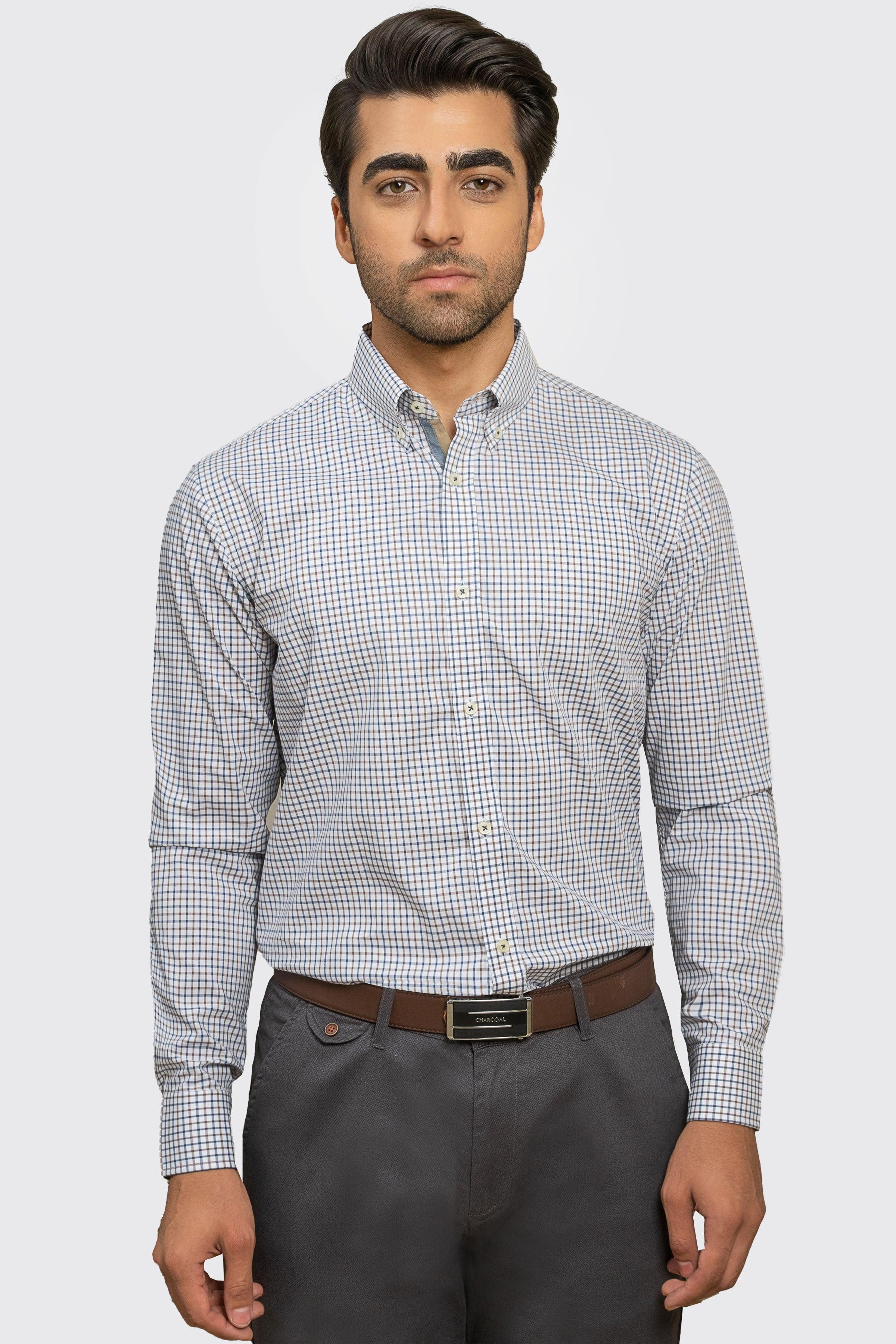 SEMI FORMAL SHIRT BLUE KHAKI CHECK at Charcoal Clothing