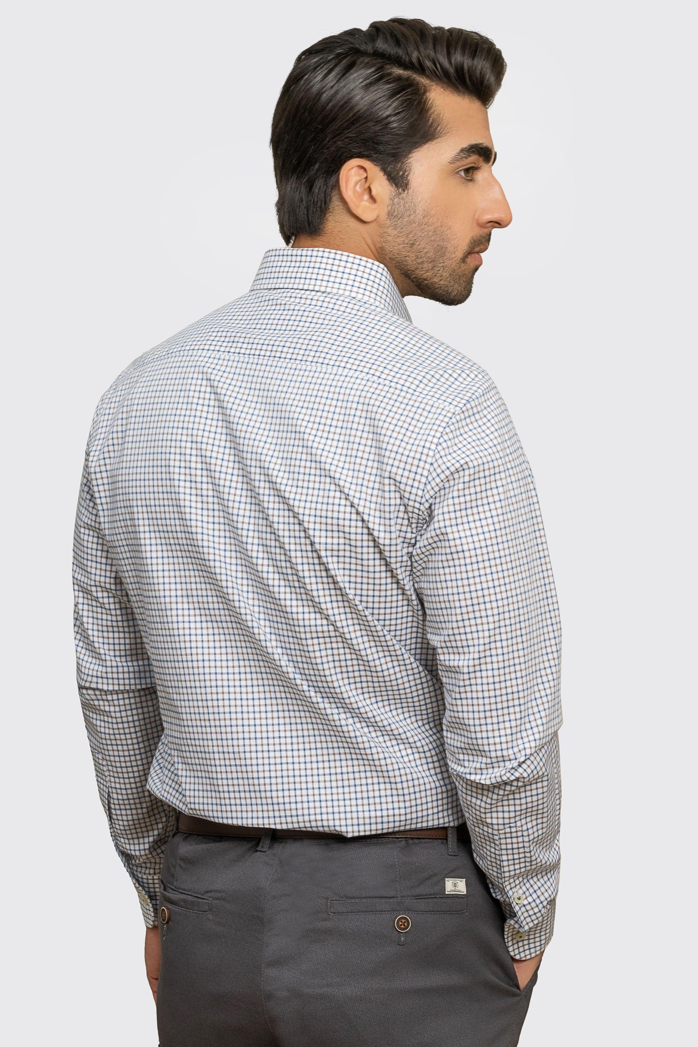 SEMI FORMAL SHIRT BLUE KHAKI CHECK at Charcoal Clothing