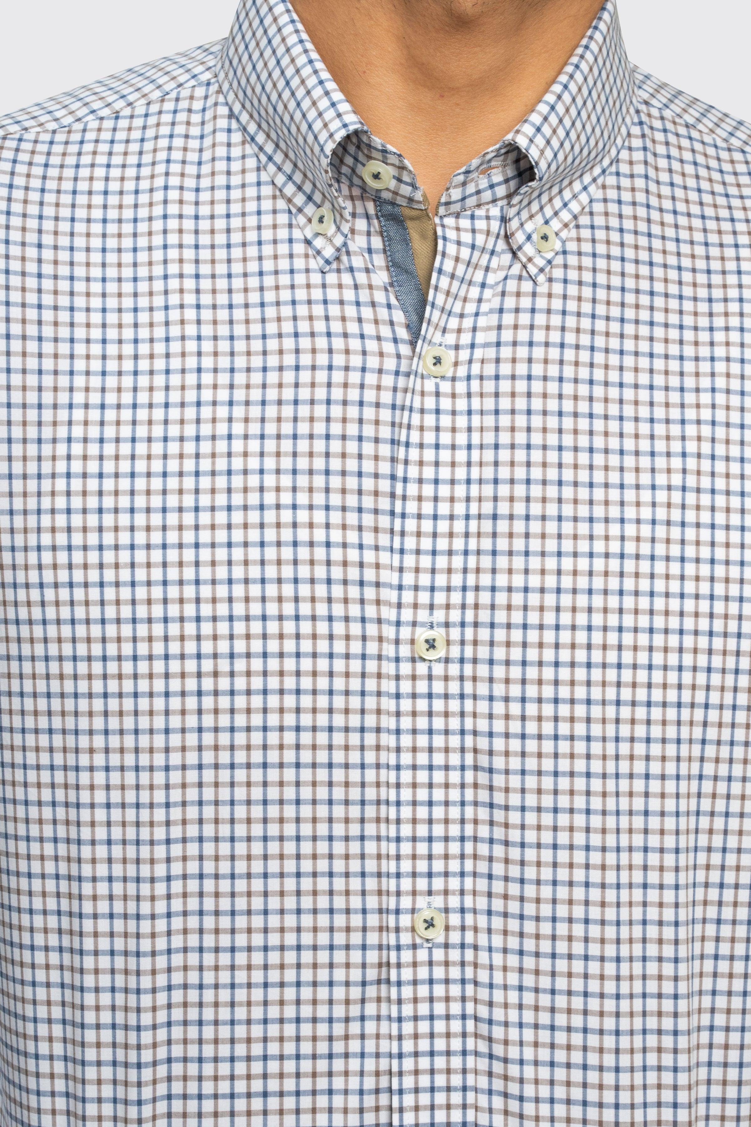 SEMI FORMAL SHIRT BLUE KHAKI CHECK at Charcoal Clothing