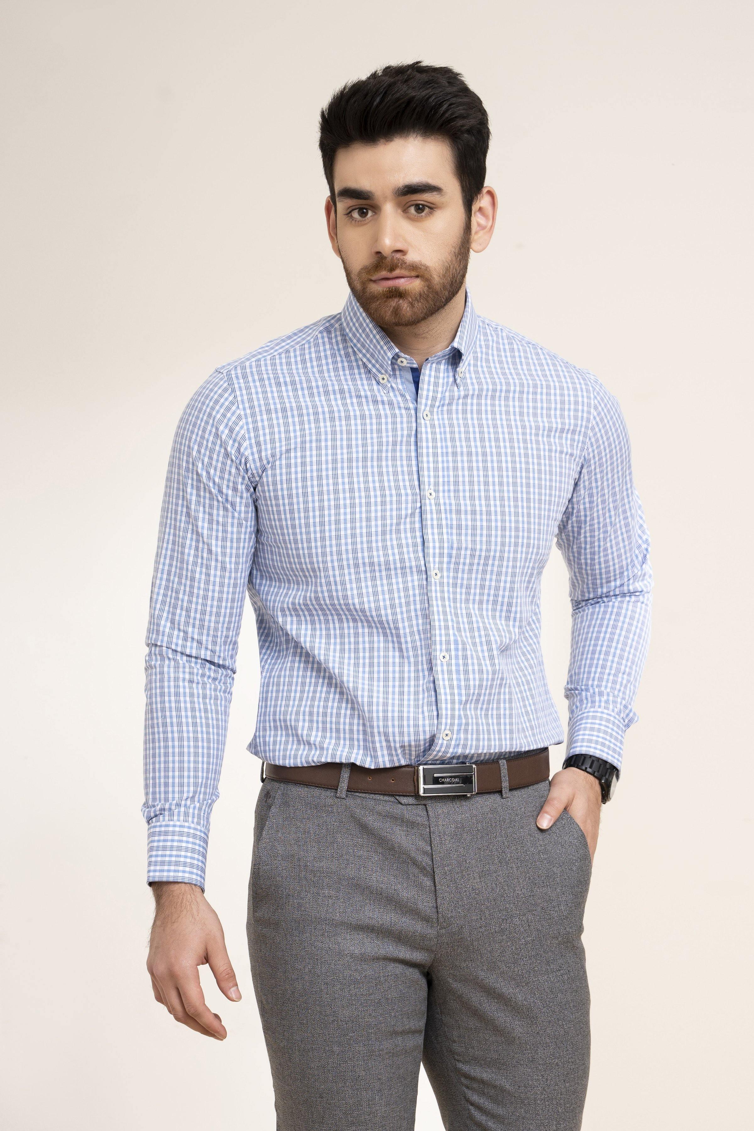 SEMI FORMAL SHIRT BLUE WHITE CHECK at Charcoal Clothing