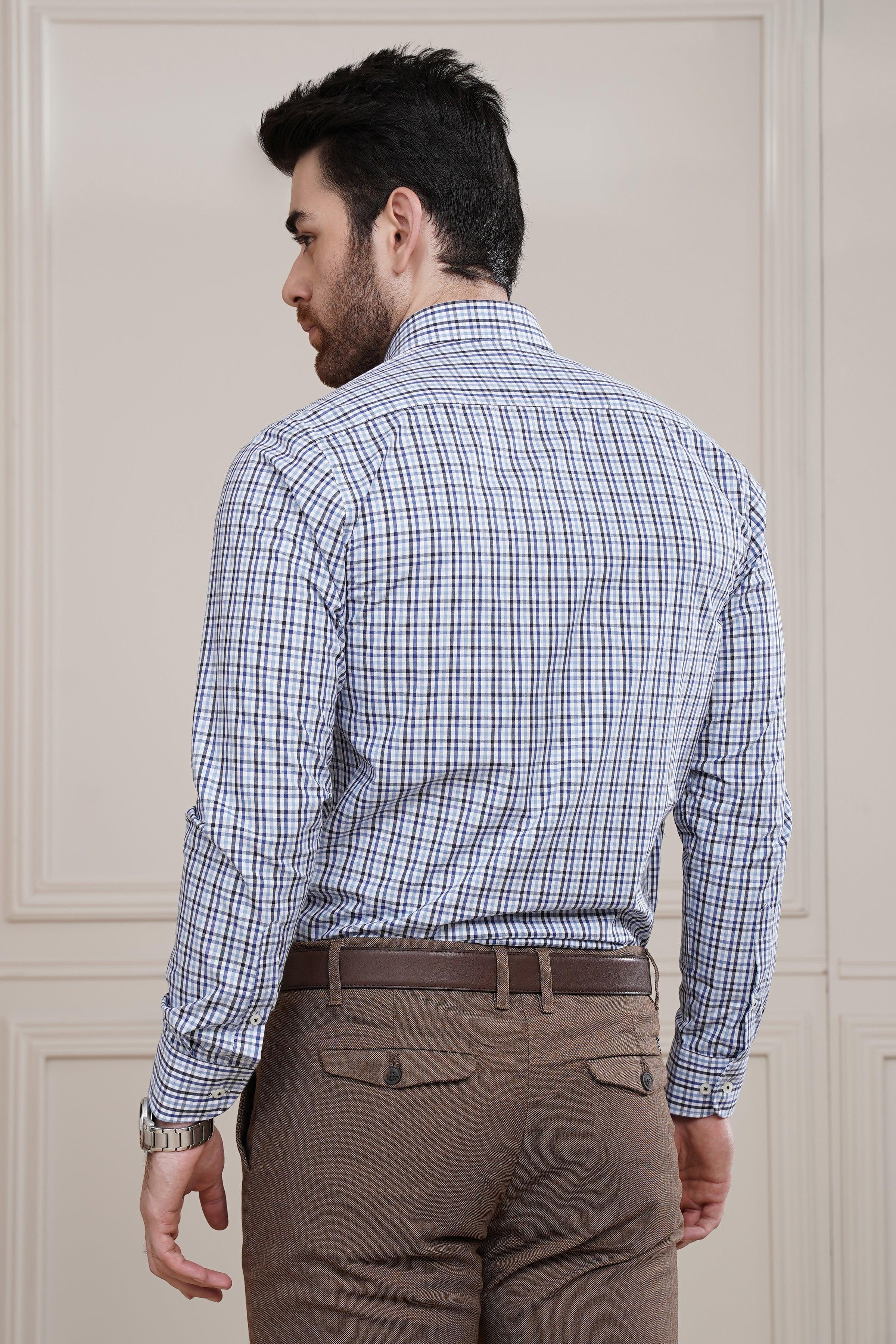 SEMI FORMAL SHIRT BLUE WHITE CHECK at Charcoal Clothing