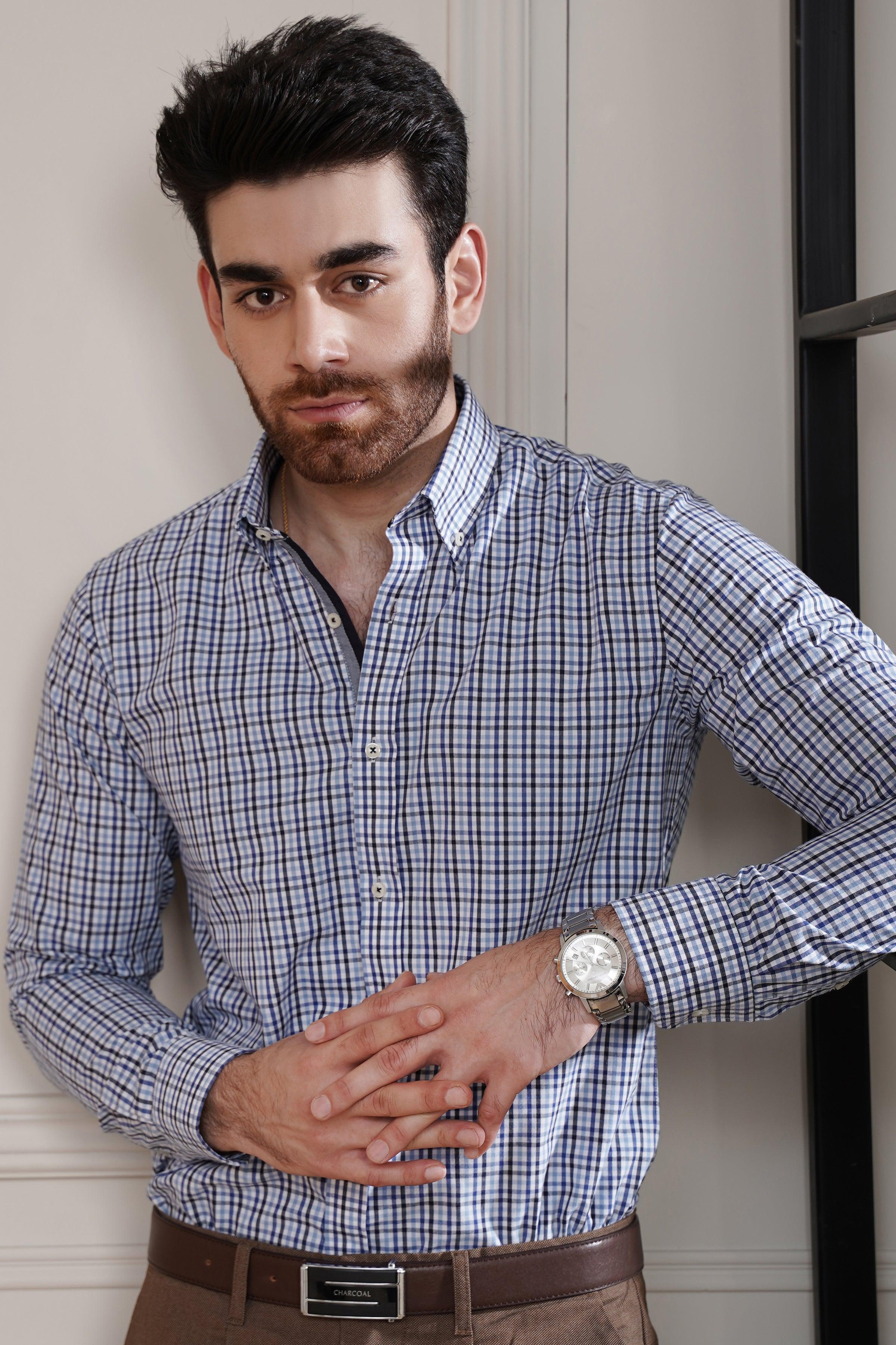 SEMI FORMAL SHIRT BLUE WHITE CHECK at Charcoal Clothing