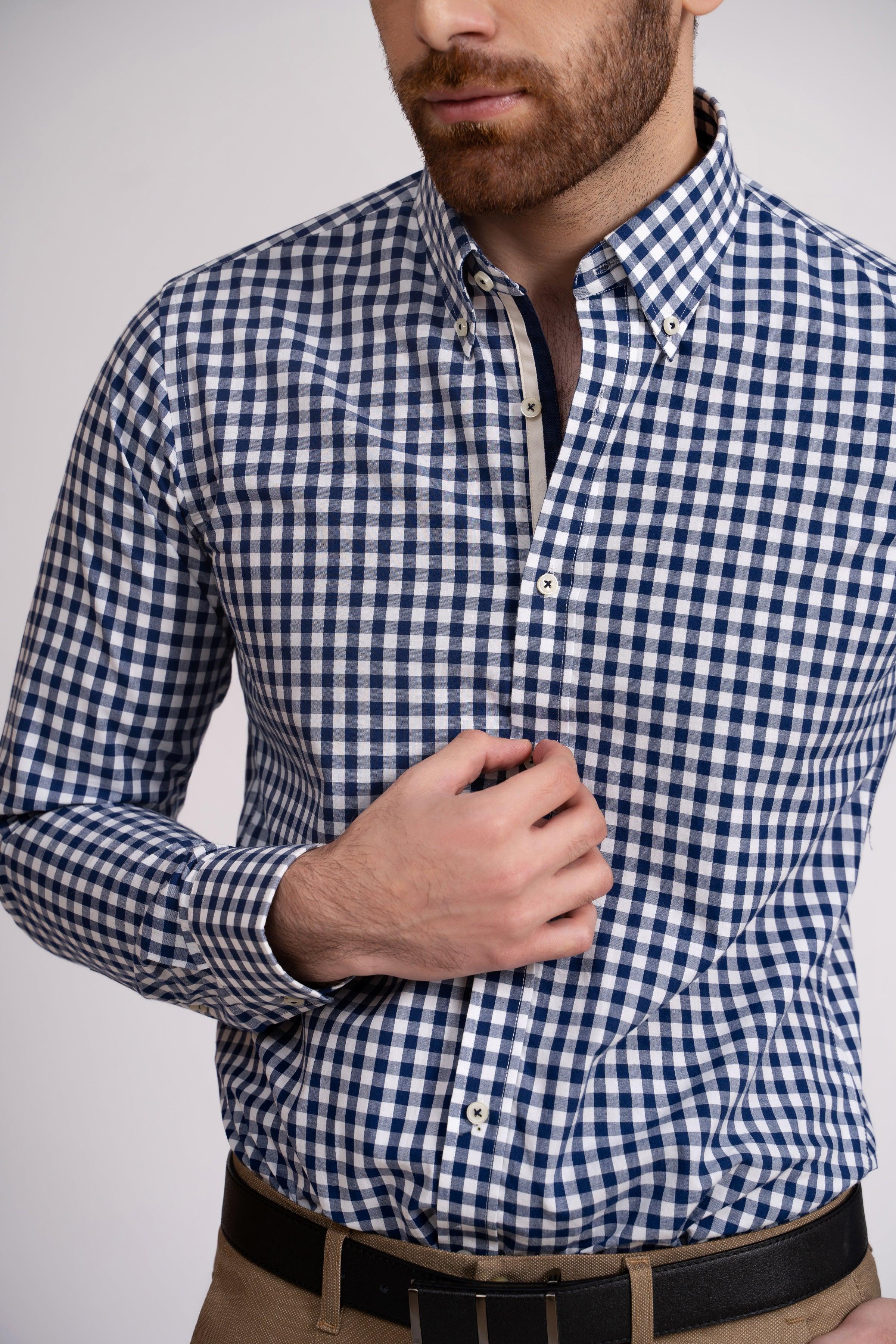 SEMI FORMAL SHIRT BLUE WHITE CHECK at Charcoal Clothing