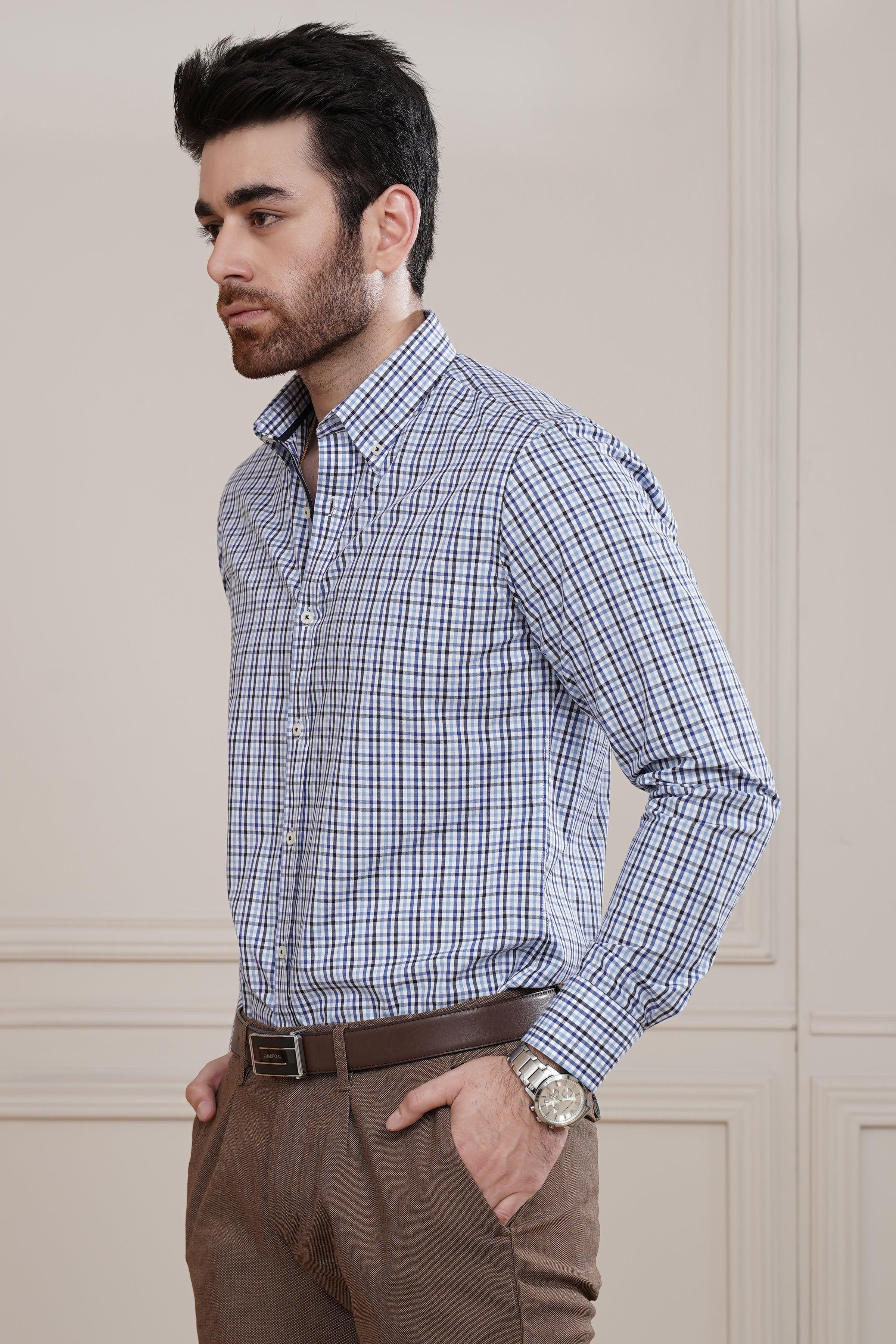 SEMI FORMAL SHIRT BLUE WHITE CHECK at Charcoal Clothing