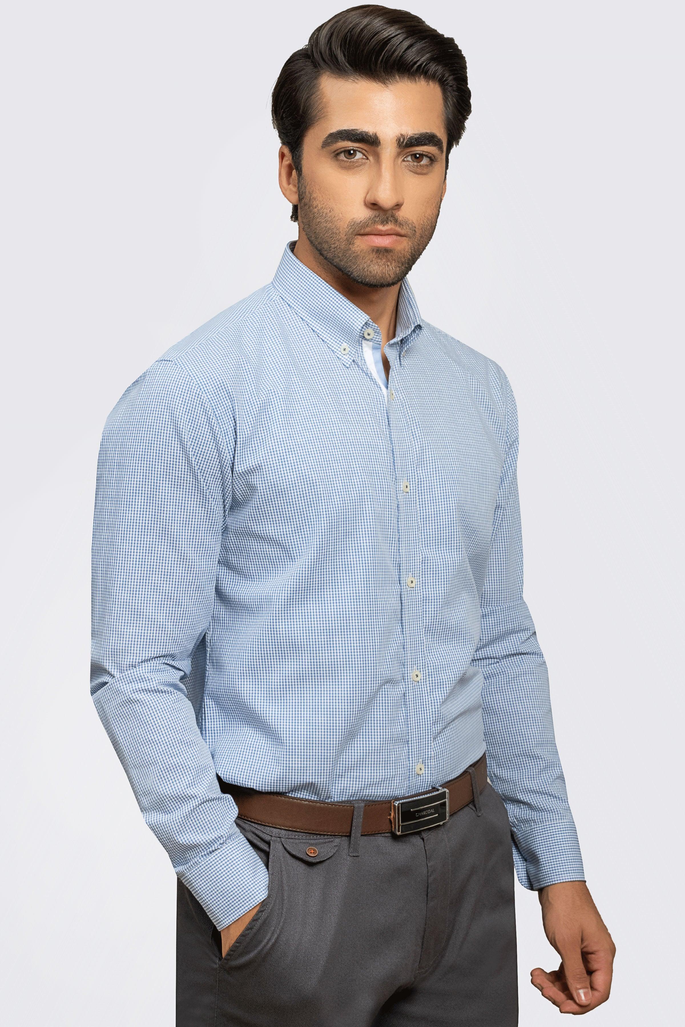 SEMI FORMAL SHIRT BLUE WHITE CHECK at Charcoal Clothing