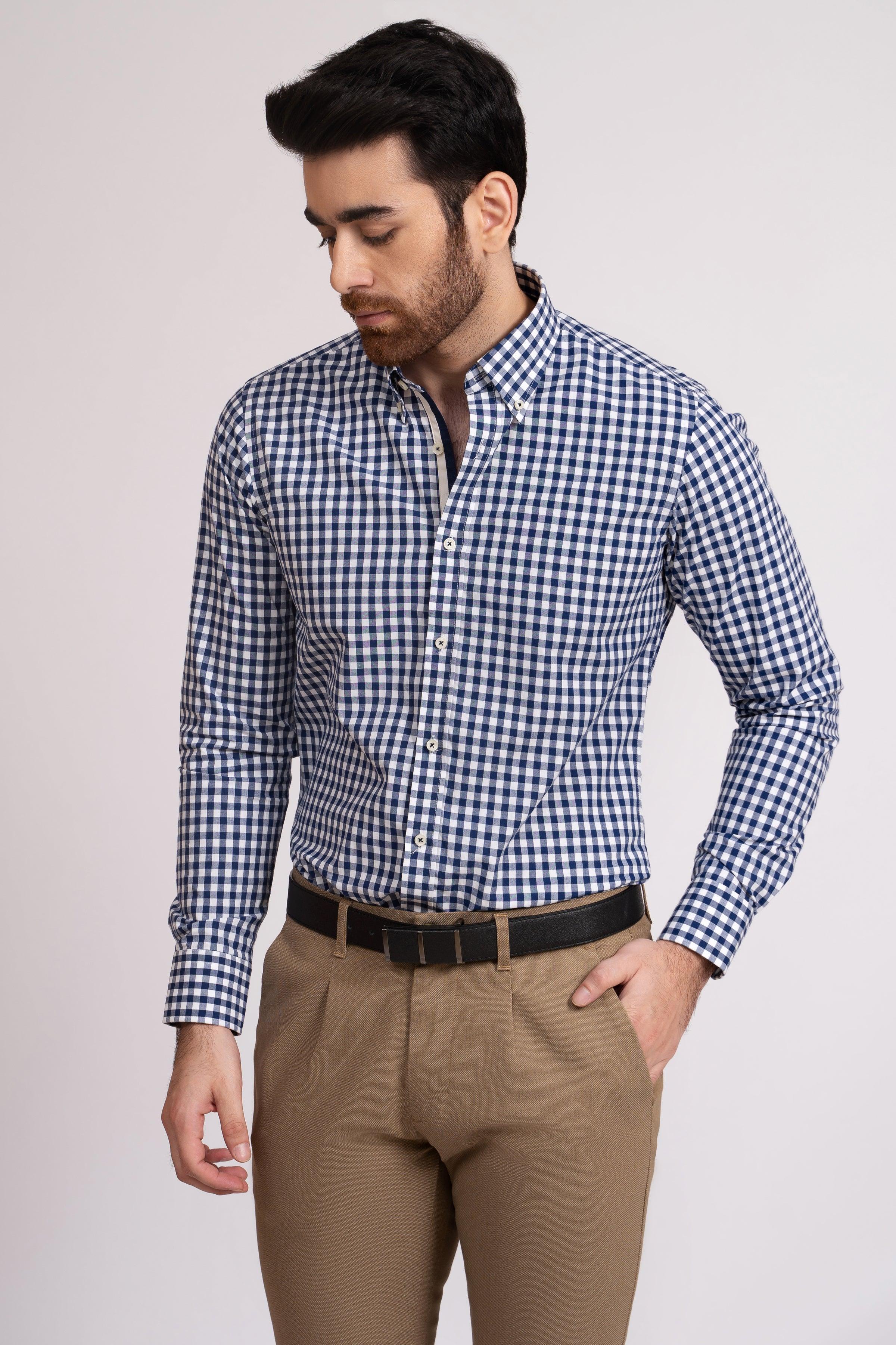 SEMI FORMAL SHIRT BLUE WHITE CHECK at Charcoal Clothing