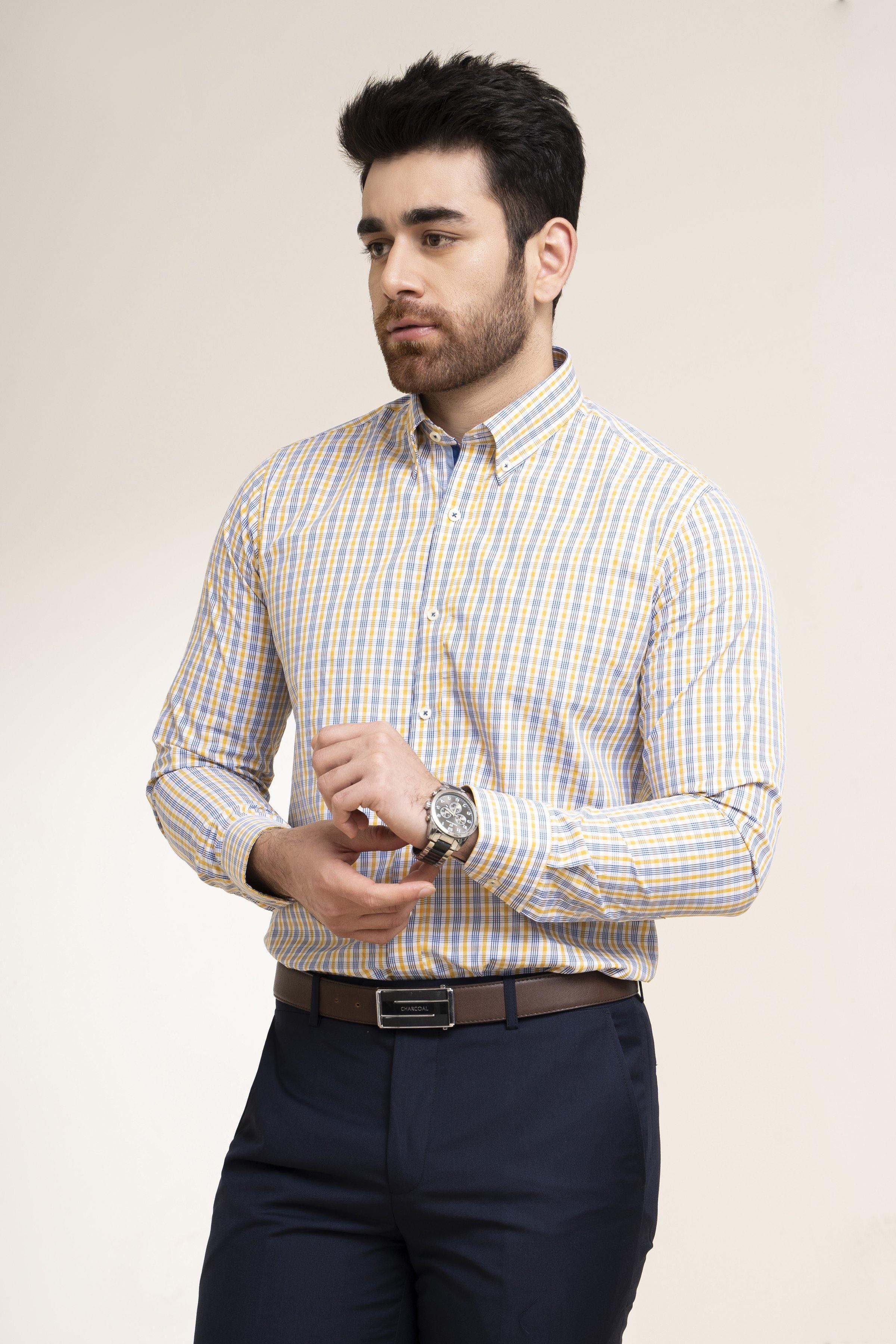 SEMI FORMAL SHIRT BLUE YELLOW CHECK at Charcoal Clothing