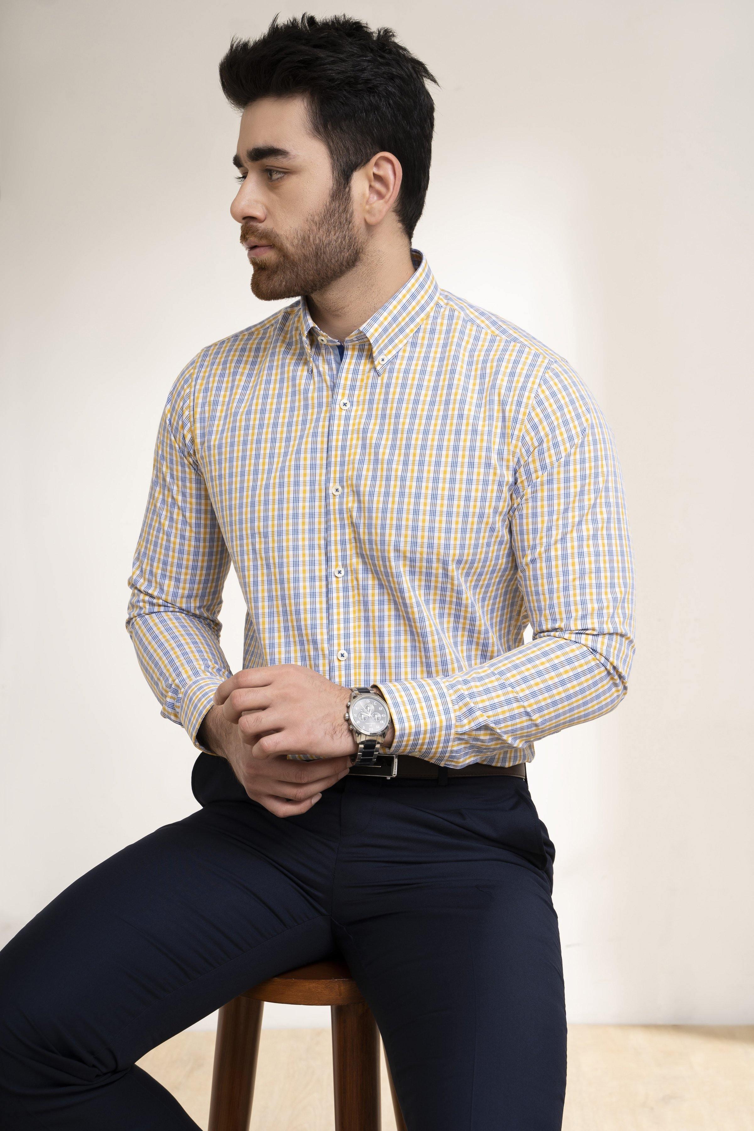 SEMI FORMAL SHIRT BLUE YELLOW CHECK at Charcoal Clothing
