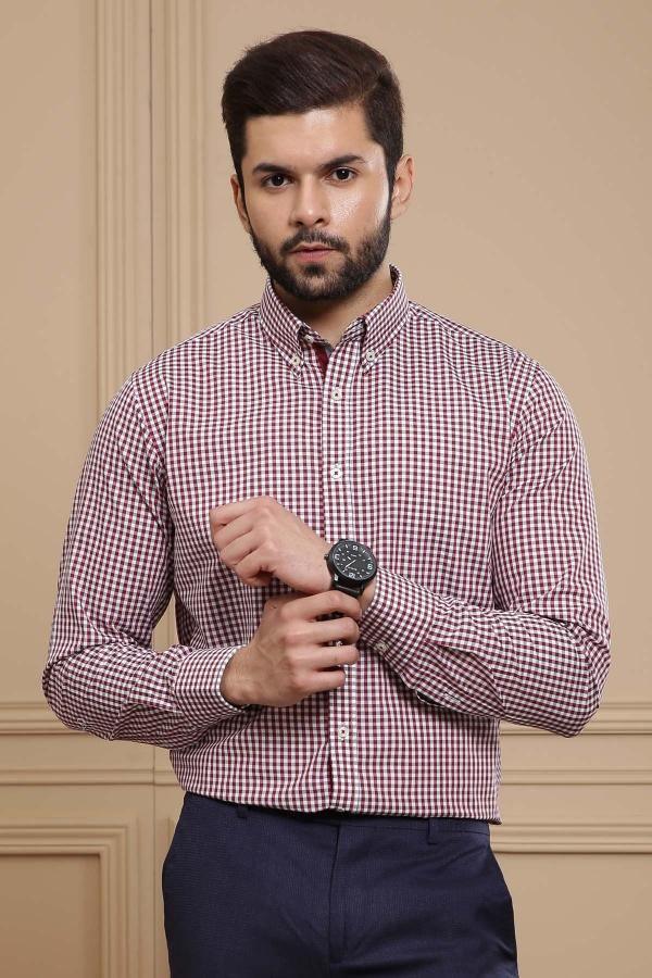 SEMI FORMAL SHIRT BUTTON DOWN FULL SLEEVE MAROON GREY at Charcoal Clothing