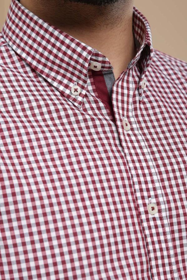 SEMI FORMAL SHIRT BUTTON DOWN FULL SLEEVE MAROON GREY at Charcoal Clothing
