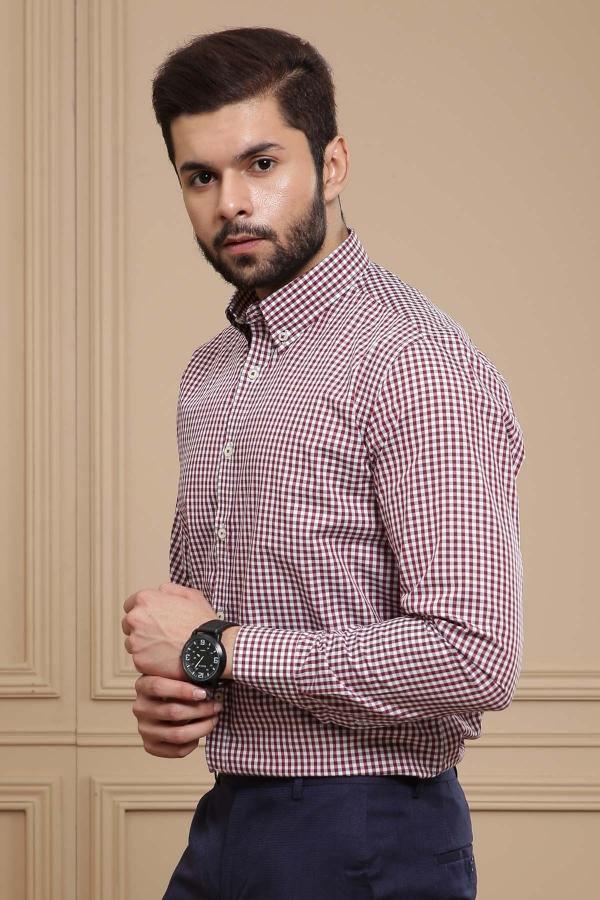 SEMI FORMAL SHIRT BUTTON DOWN FULL SLEEVE MAROON GREY at Charcoal Clothing