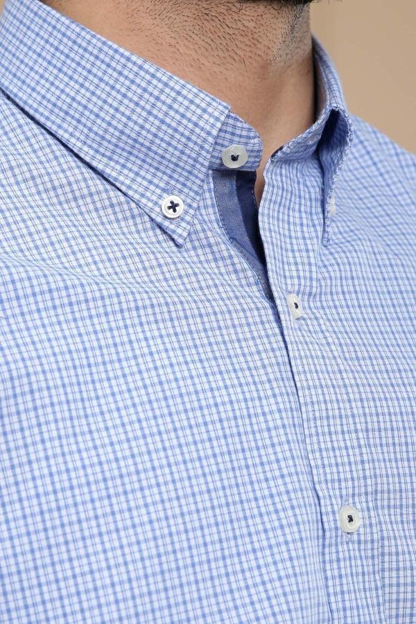 SEMI FORMAL SHIRT BUTTON DOWN FULL SLEEVE SKY BLUE CHECK at Charcoal Clothing