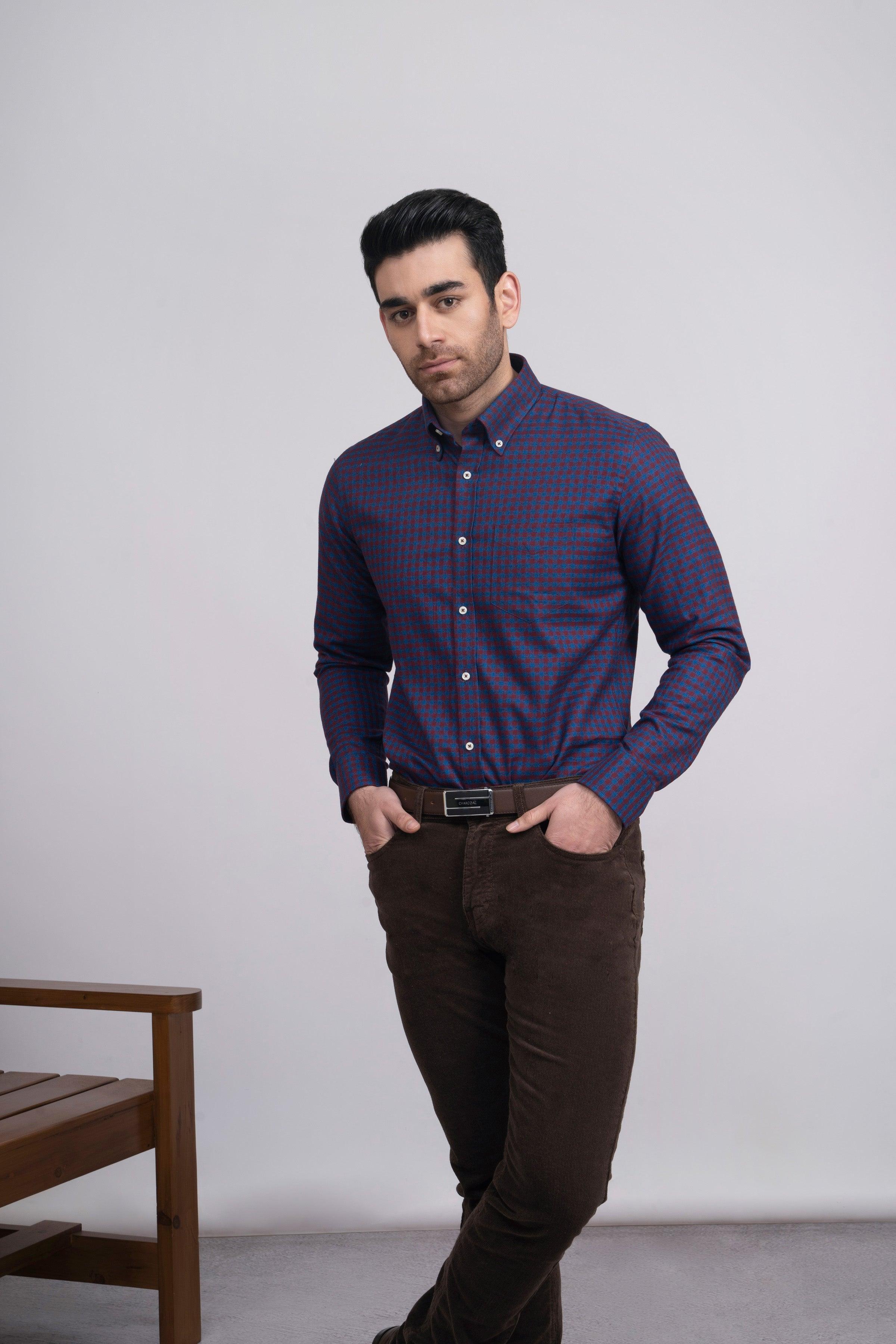 SEMI FORMAL SHIRT F/S BLUE MAROON at Charcoal Clothing