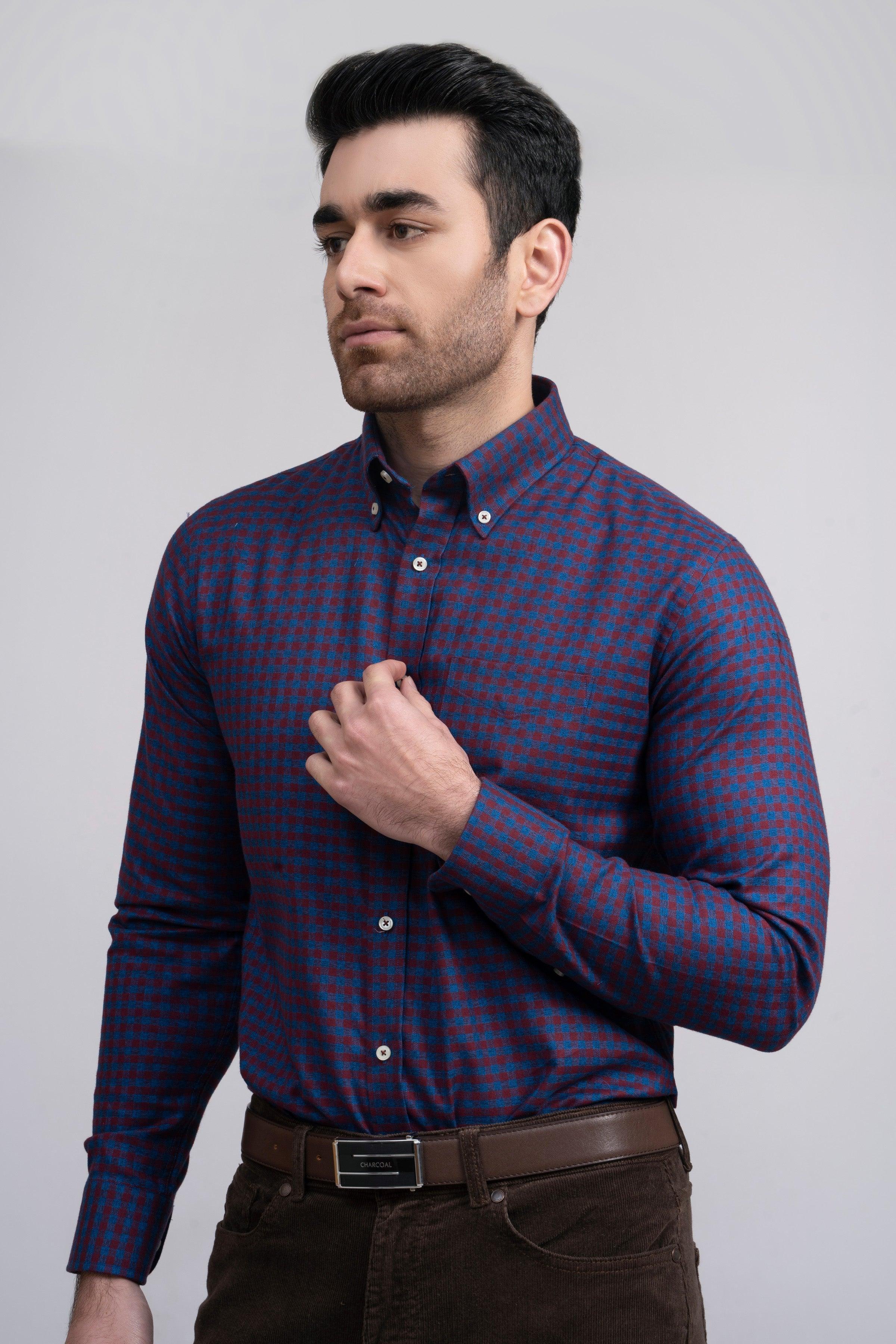 SEMI FORMAL SHIRT F/S BLUE MAROON at Charcoal Clothing