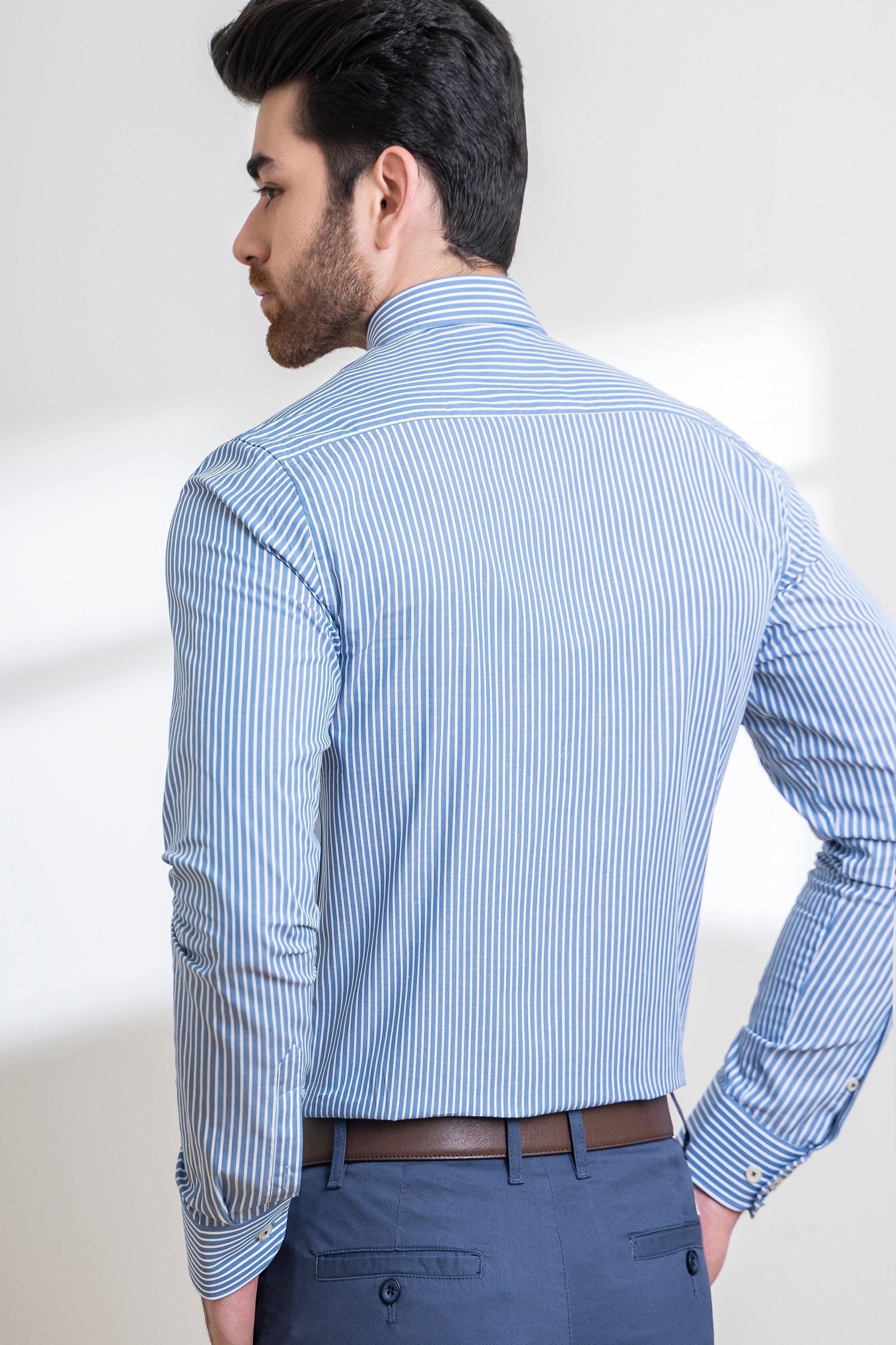 SEMI FORMAL SHIRT FULL SELEEVE BUTTON DOWN BLUE WHITE LINE at Charcoal Clothing