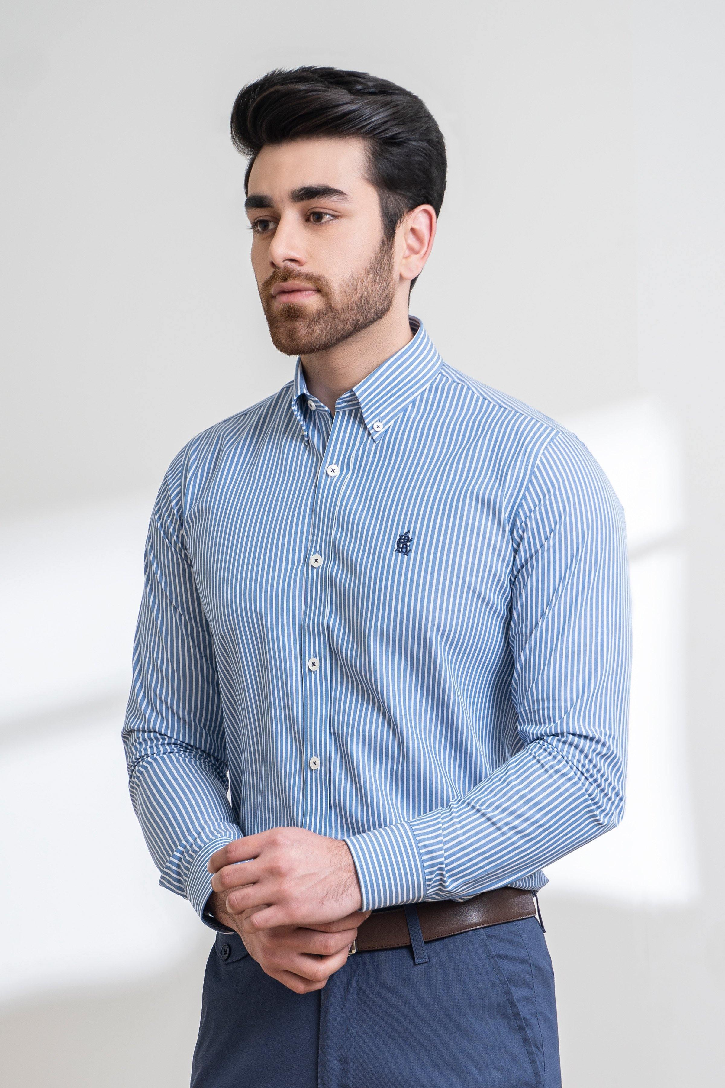 SEMI FORMAL SHIRT FULL SELEEVE BUTTON DOWN BLUE WHITE LINE at Charcoal Clothing