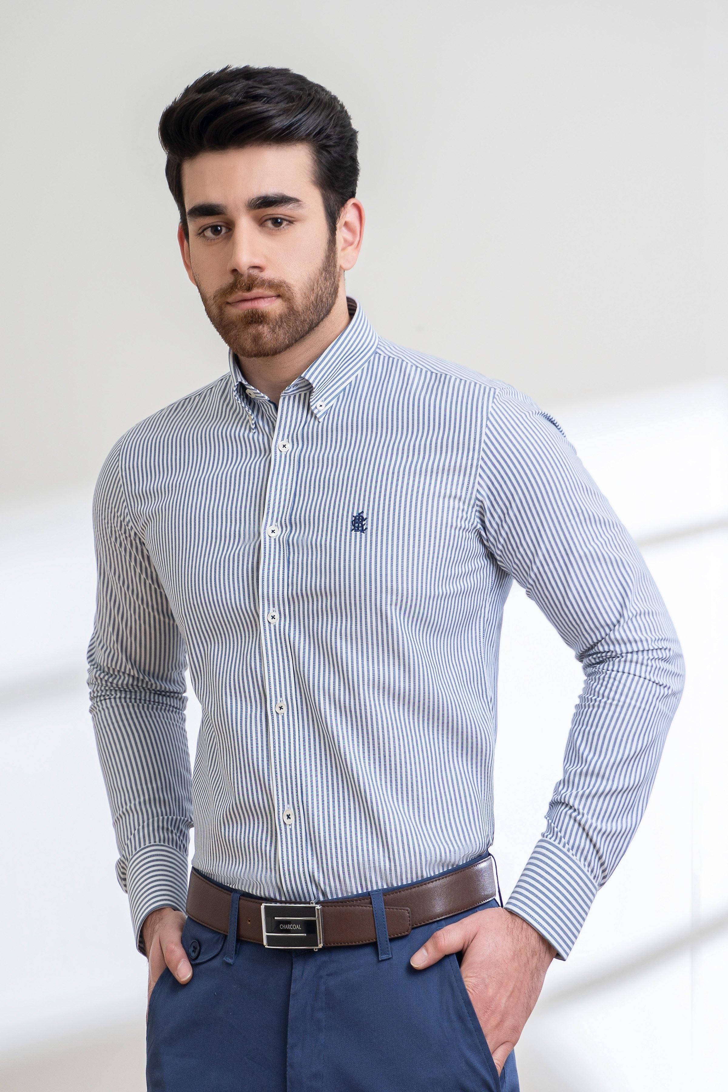 SEMI FORMAL SHIRT FULL SELEEVE BUTTON DOWN NAVY WHITE at Charcoal Clothing