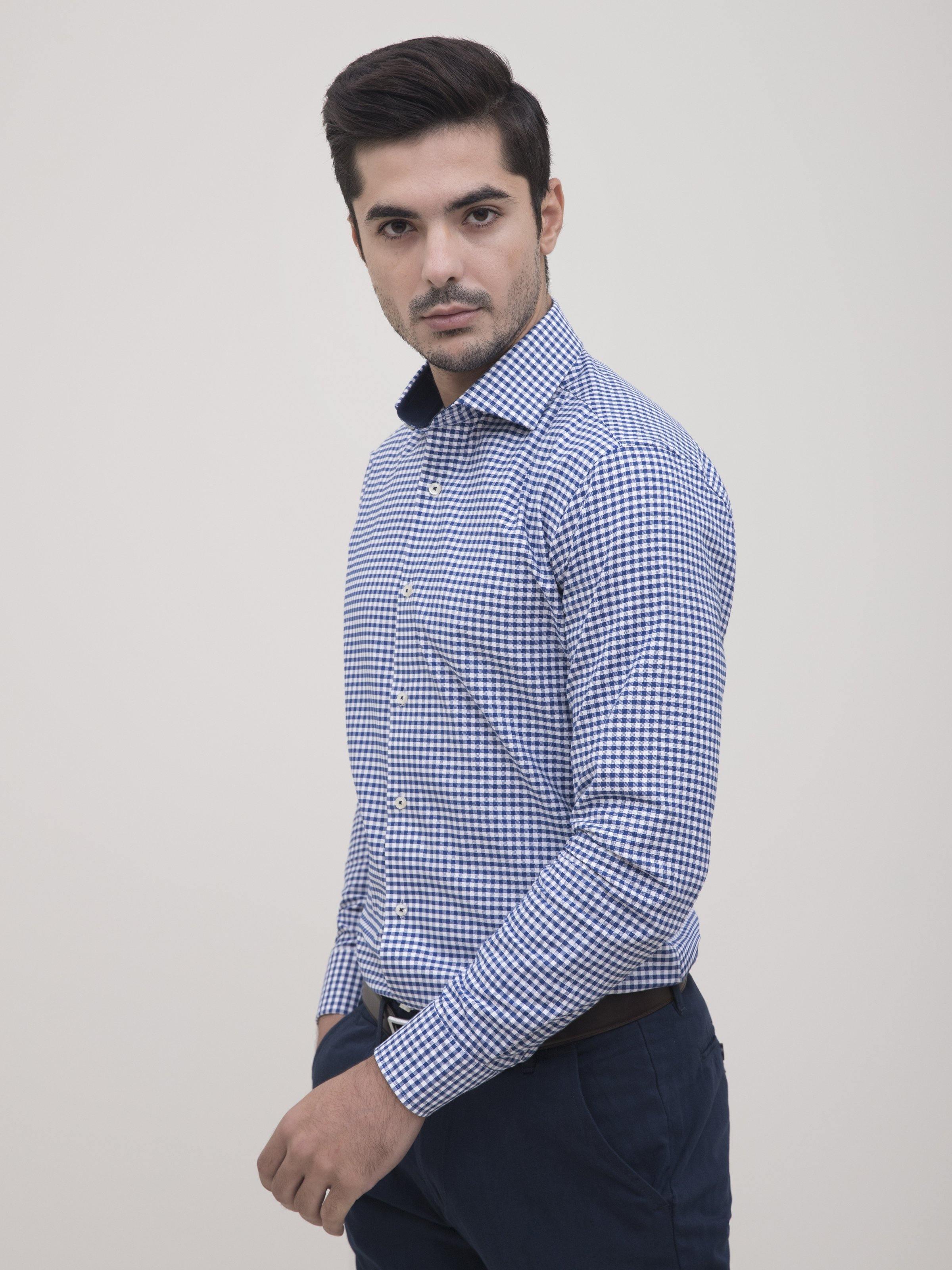 SEMI FORMAL SHIRT FULL SLEEVE BLUE WHITE CHECK at Charcoal Clothing