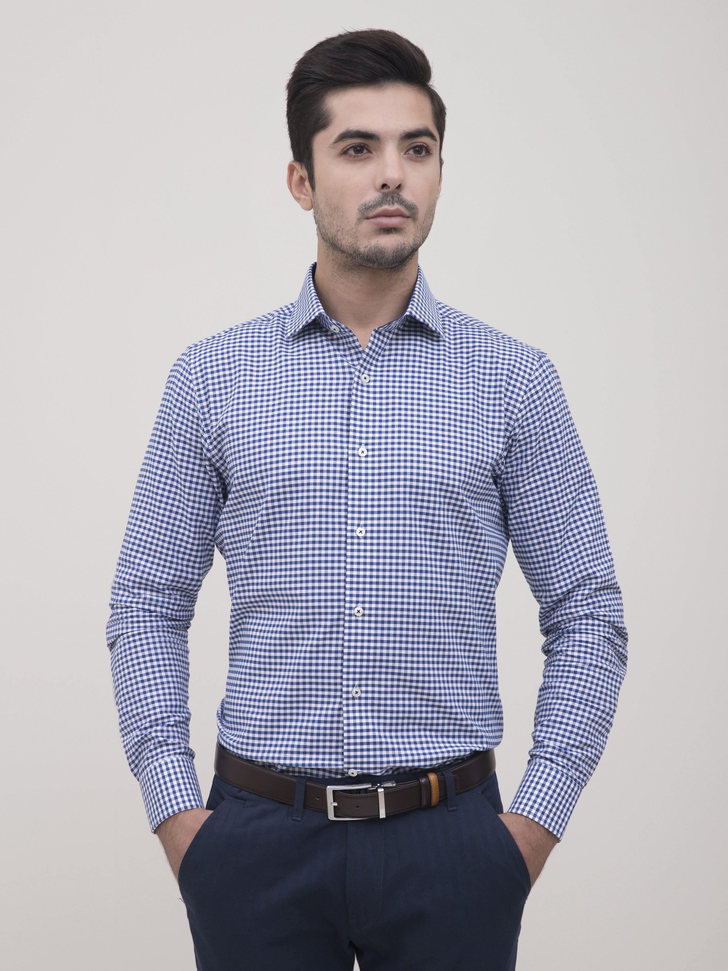 SEMI FORMAL SHIRT FULL SLEEVE BLUE WHITE CHECK at Charcoal Clothing