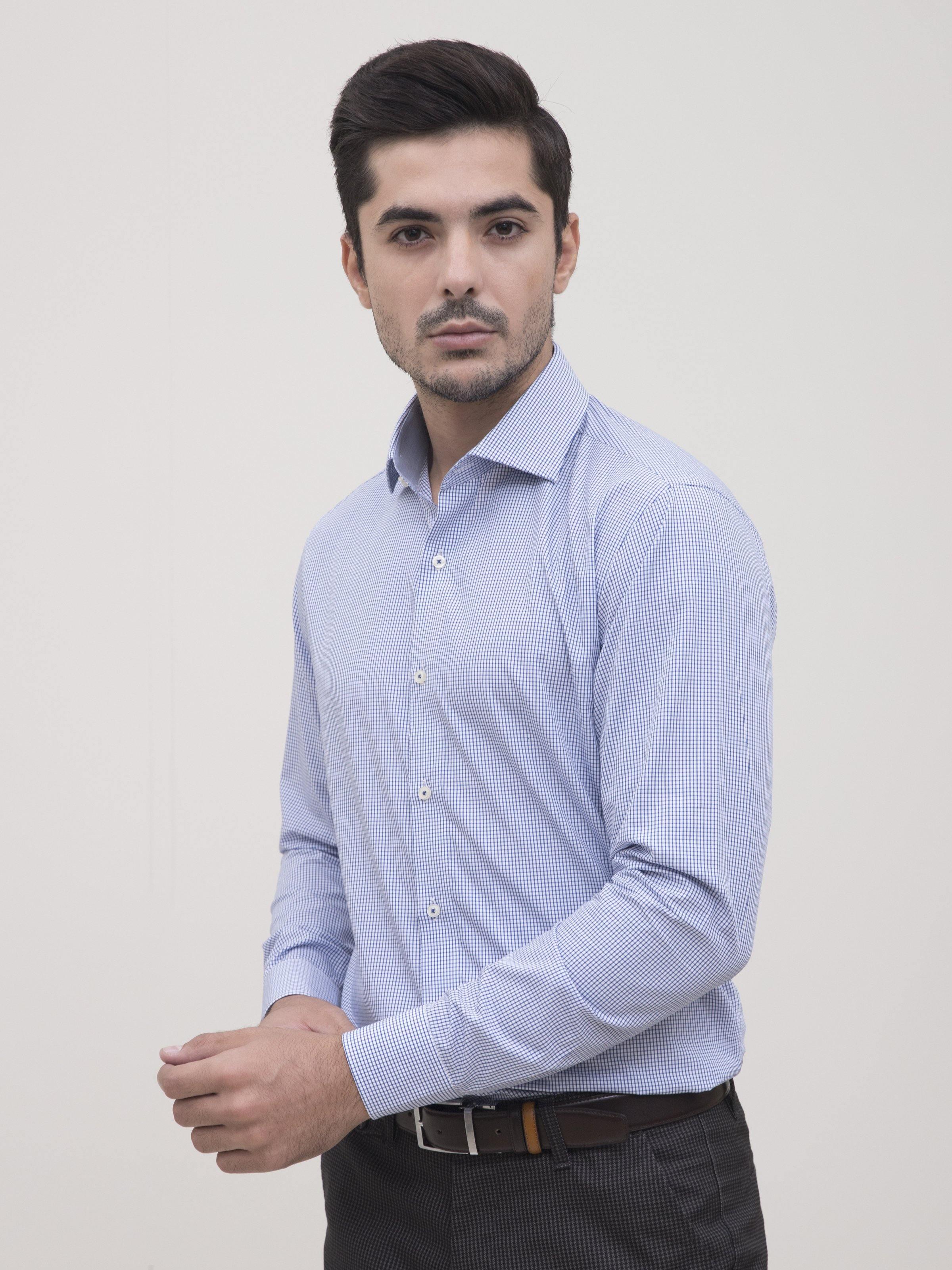 SEMI FORMAL SHIRT FULL SLEEVE BLUE WHITE CHECK at Charcoal Clothing