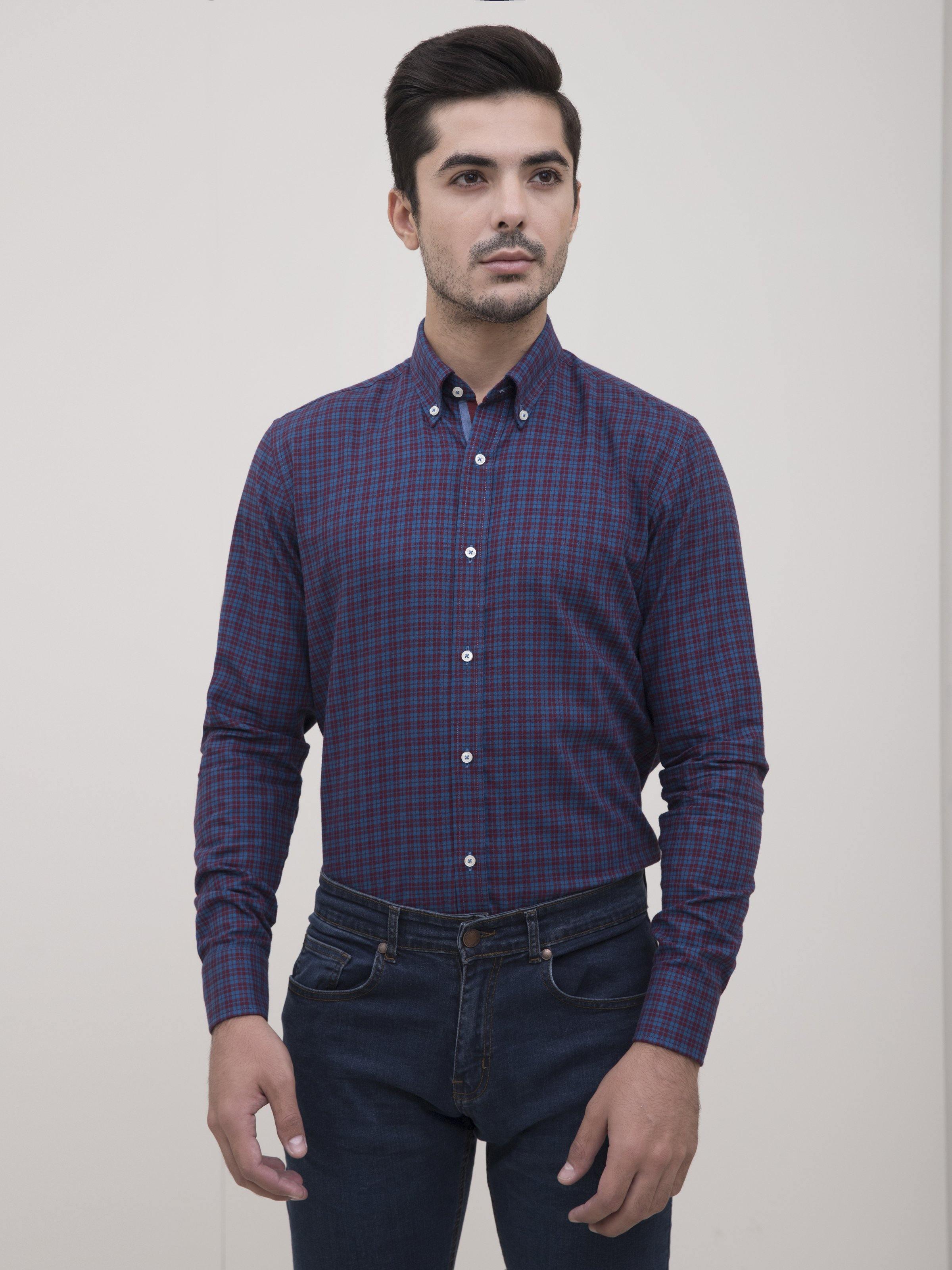 SEMI FORMAL SHIRT FULL SLEEVE BOTTON DOWN BLUE MAROON at Charcoal Clothing
