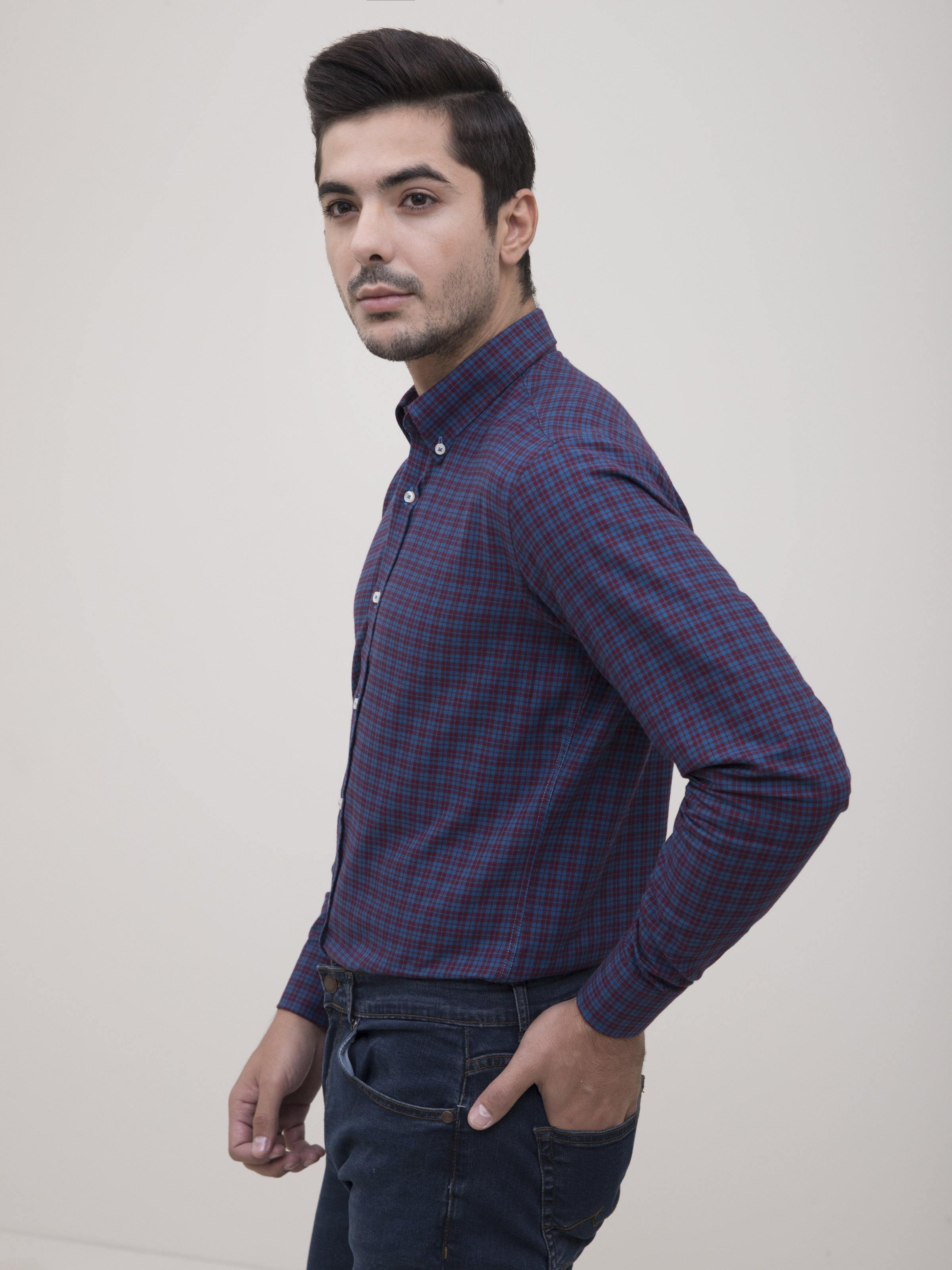 SEMI FORMAL SHIRT FULL SLEEVE BOTTON DOWN BLUE MAROON at Charcoal Clothing