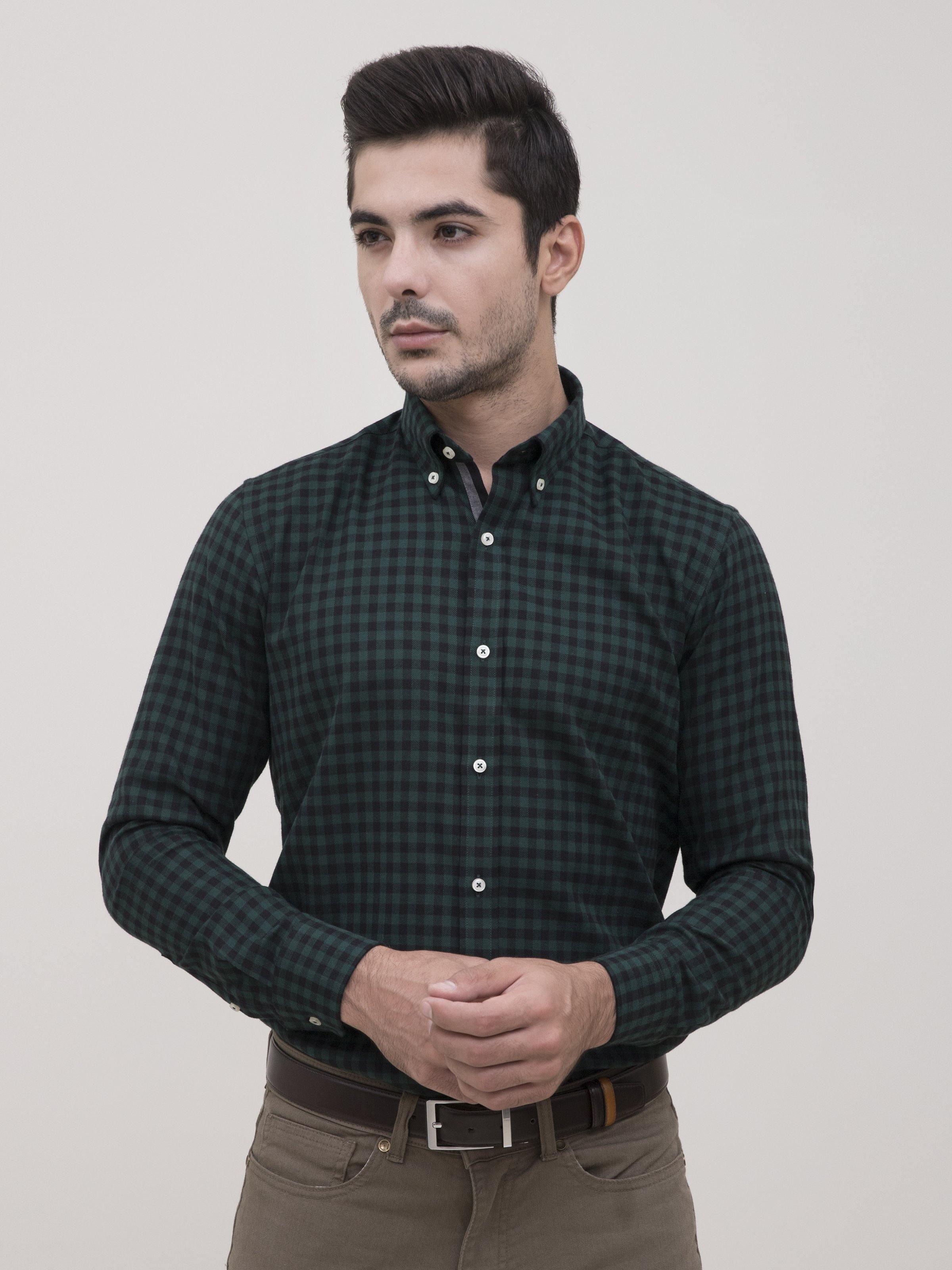 SEMI FORMAL SHIRT FULL SLEEVE BOTTON DOWN GREEN BLACK at Charcoal Clothing