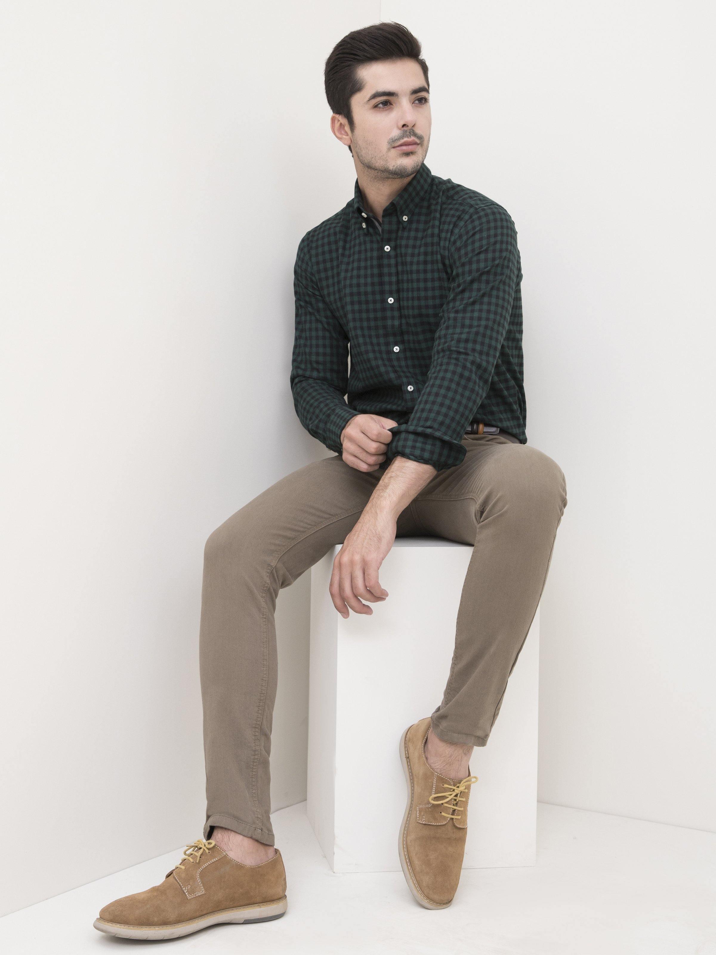 SEMI FORMAL SHIRT FULL SLEEVE BOTTON DOWN GREEN BLACK at Charcoal Clothing