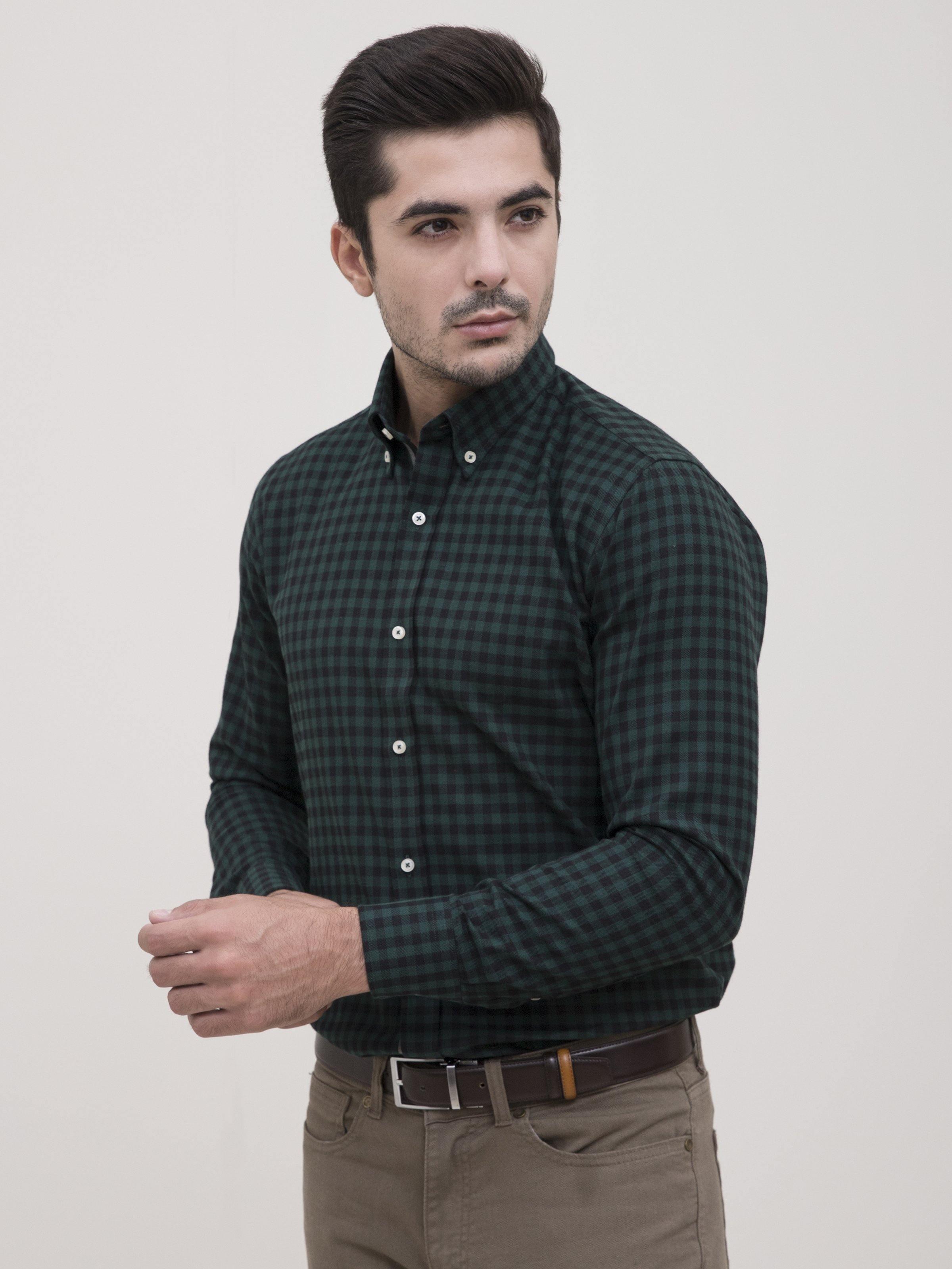 SEMI FORMAL SHIRT FULL SLEEVE BOTTON DOWN GREEN BLACK at Charcoal Clothing