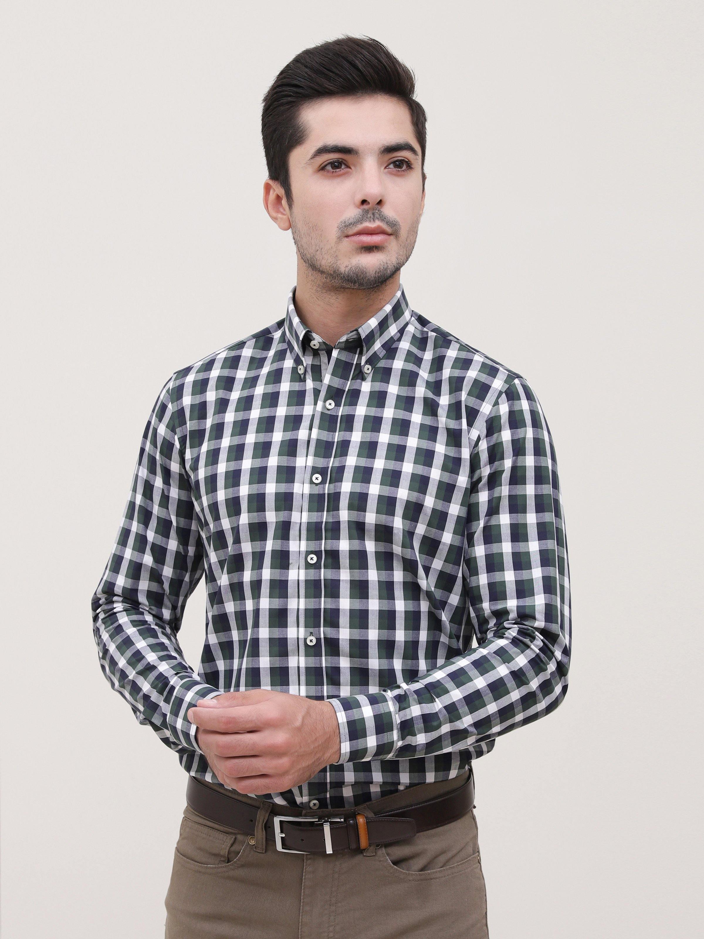 SEMI FORMAL SHIRT FULL SLEEVE BOTTON DOWN GREEN NAVY at Charcoal Clothing