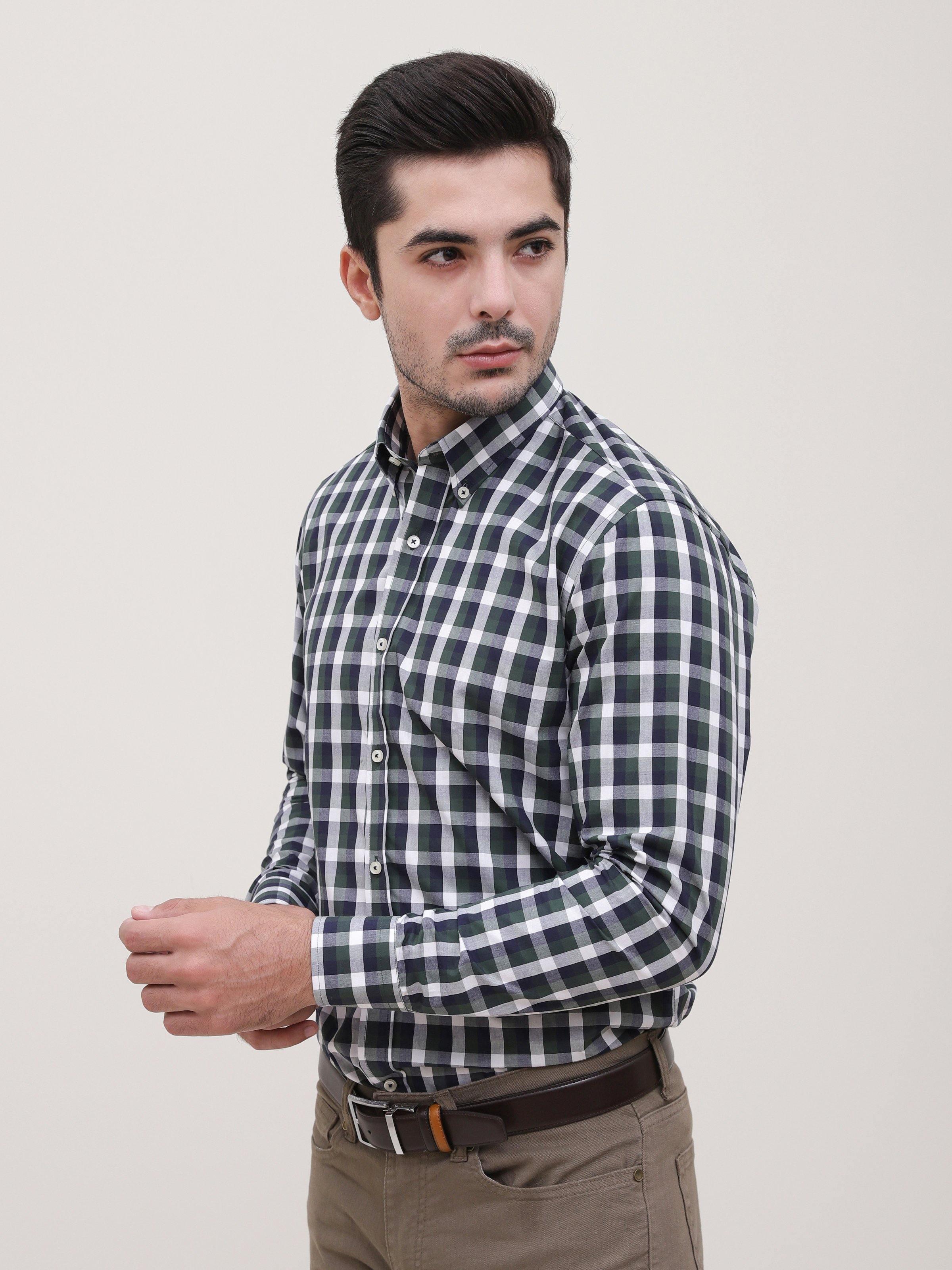 SEMI FORMAL SHIRT FULL SLEEVE BOTTON DOWN GREEN NAVY at Charcoal Clothing