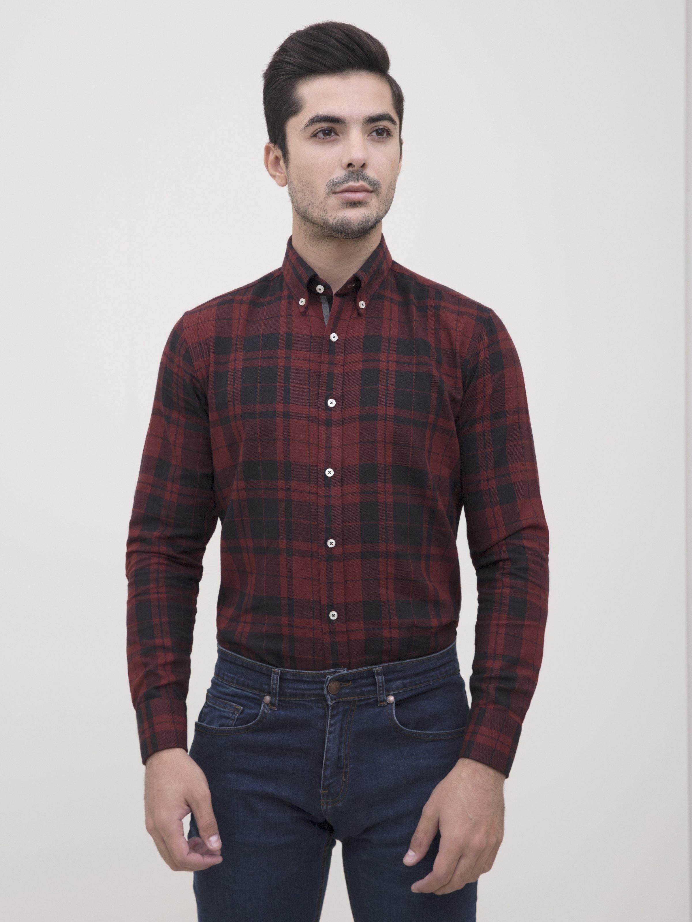 SEMI FORMAL SHIRT FULL SLEEVE BOTTON DOWN MAHROON BLACK at Charcoal Clothing