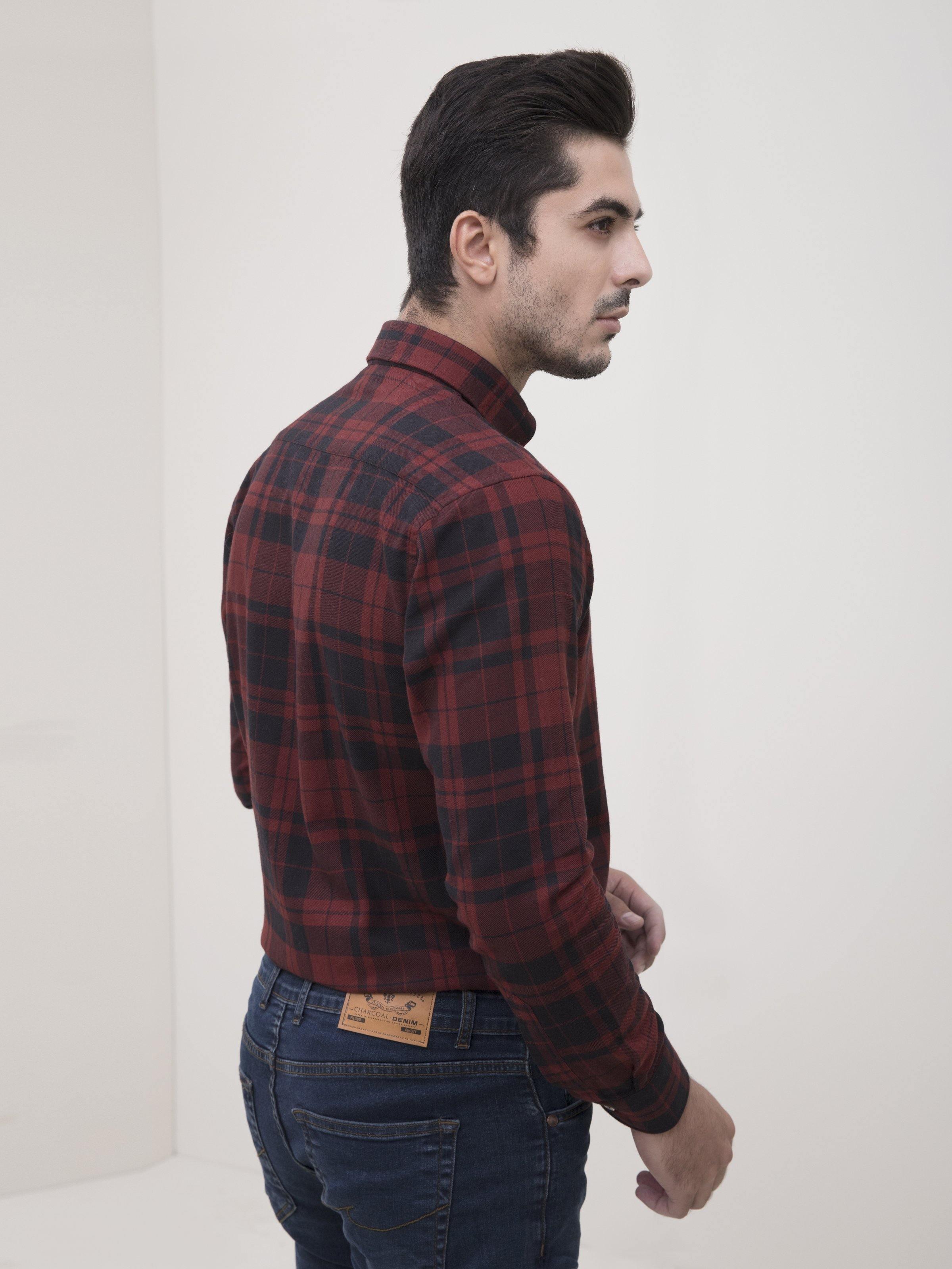 SEMI FORMAL SHIRT FULL SLEEVE BOTTON DOWN MAHROON BLACK at Charcoal Clothing