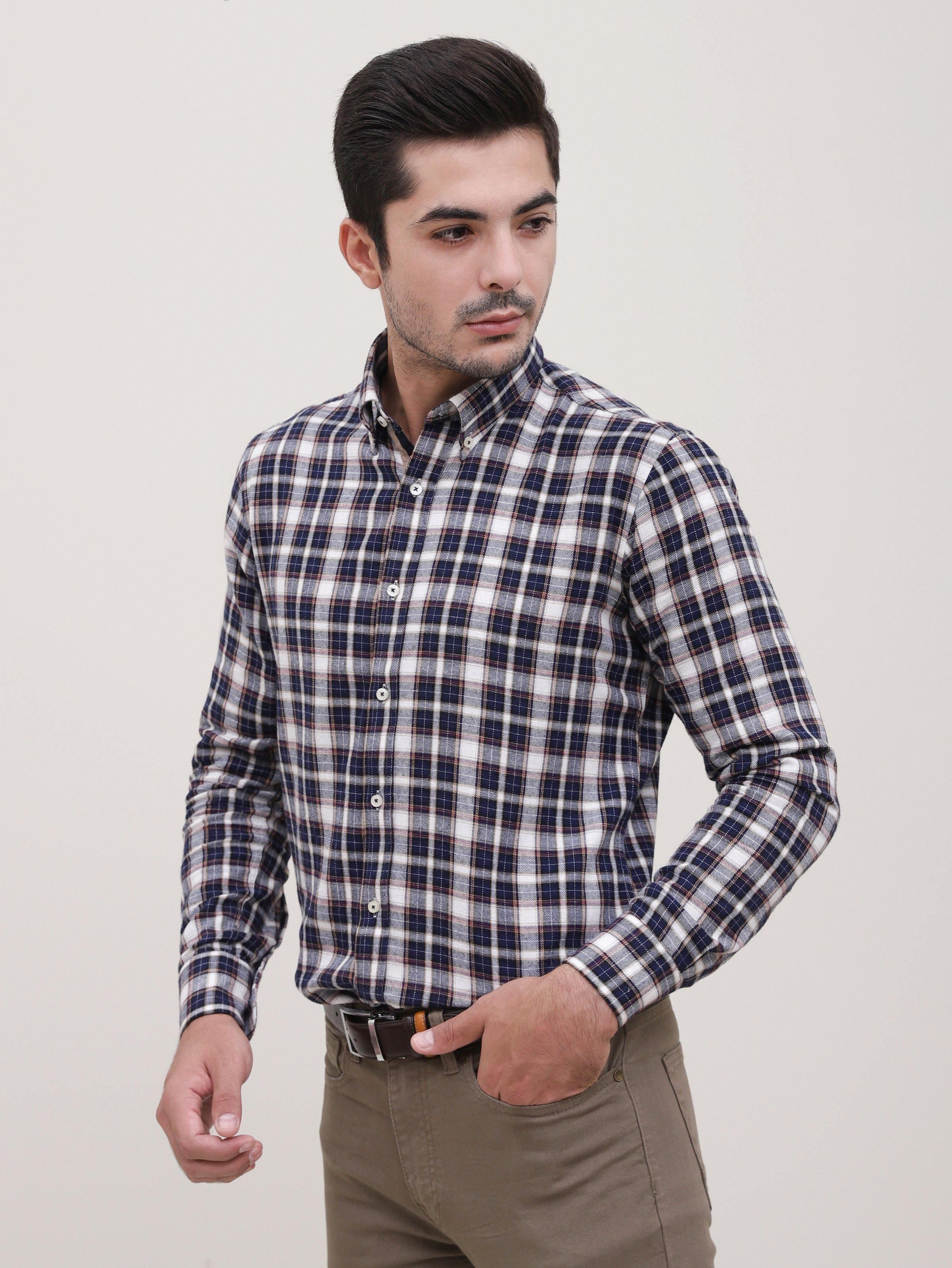 SEMI FORMAL SHIRT FULL SLEEVE BOTTON DOWN NAVY GREY at Charcoal Clothing