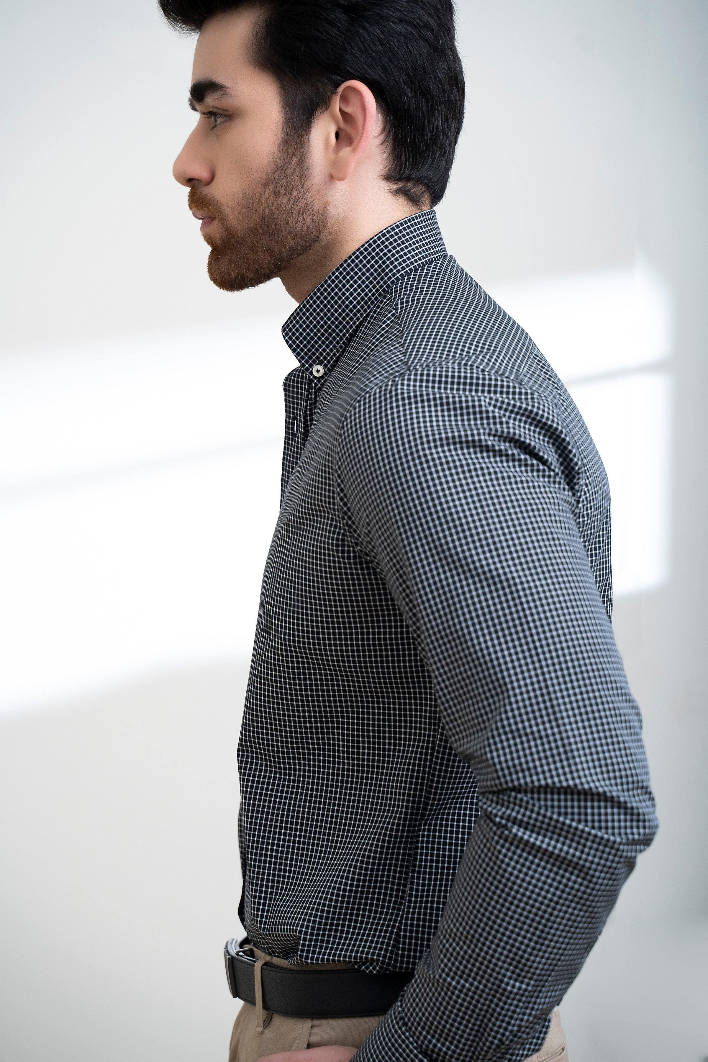 SEMI FORMAL SHIRT FULL SLEEVE BUTTON BLACK WHITE at Charcoal Clothing