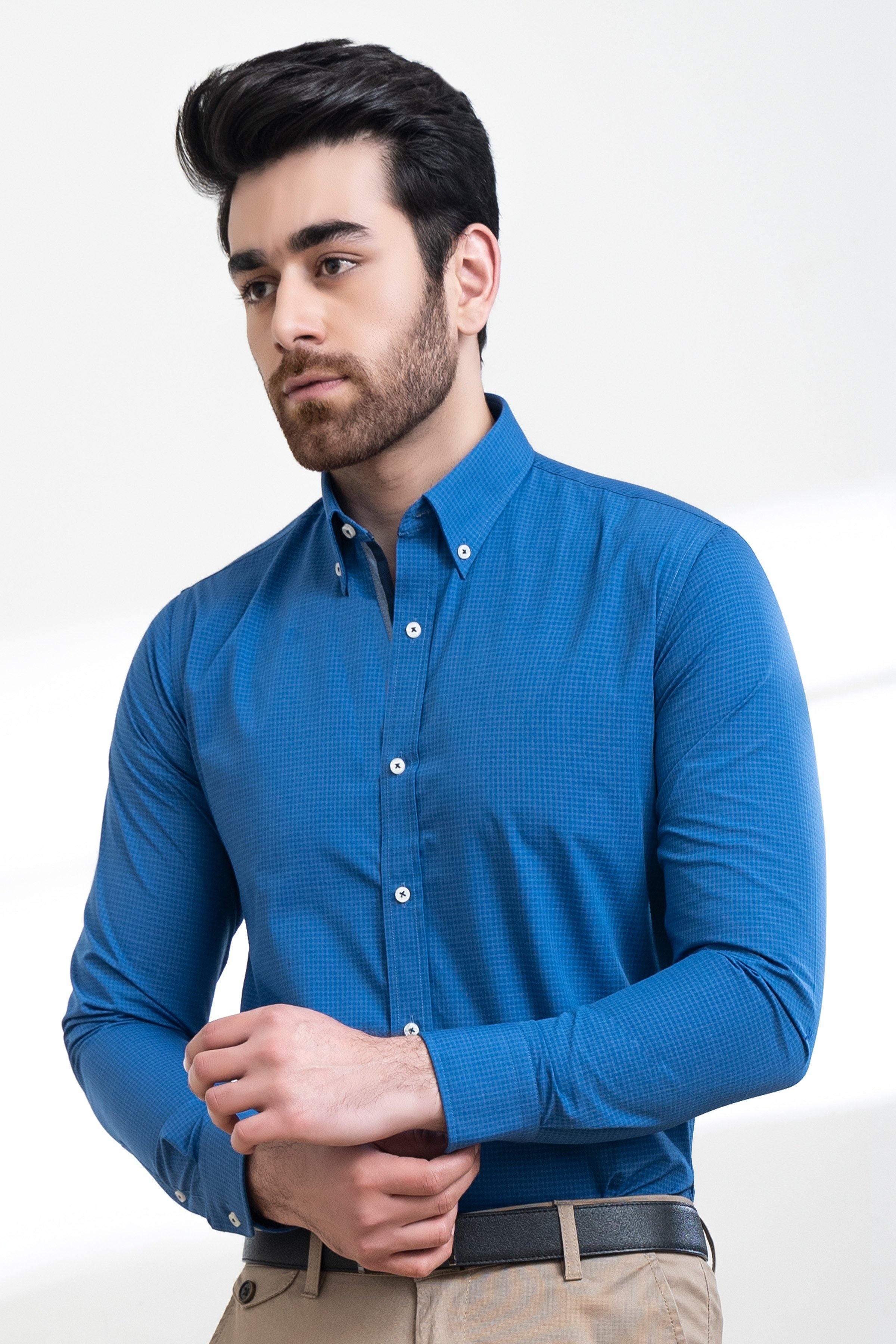 SEMI FORMAL SHIRT FULL SLEEVE BUTTON DOWN BLUE CHECK at Charcoal Clothing