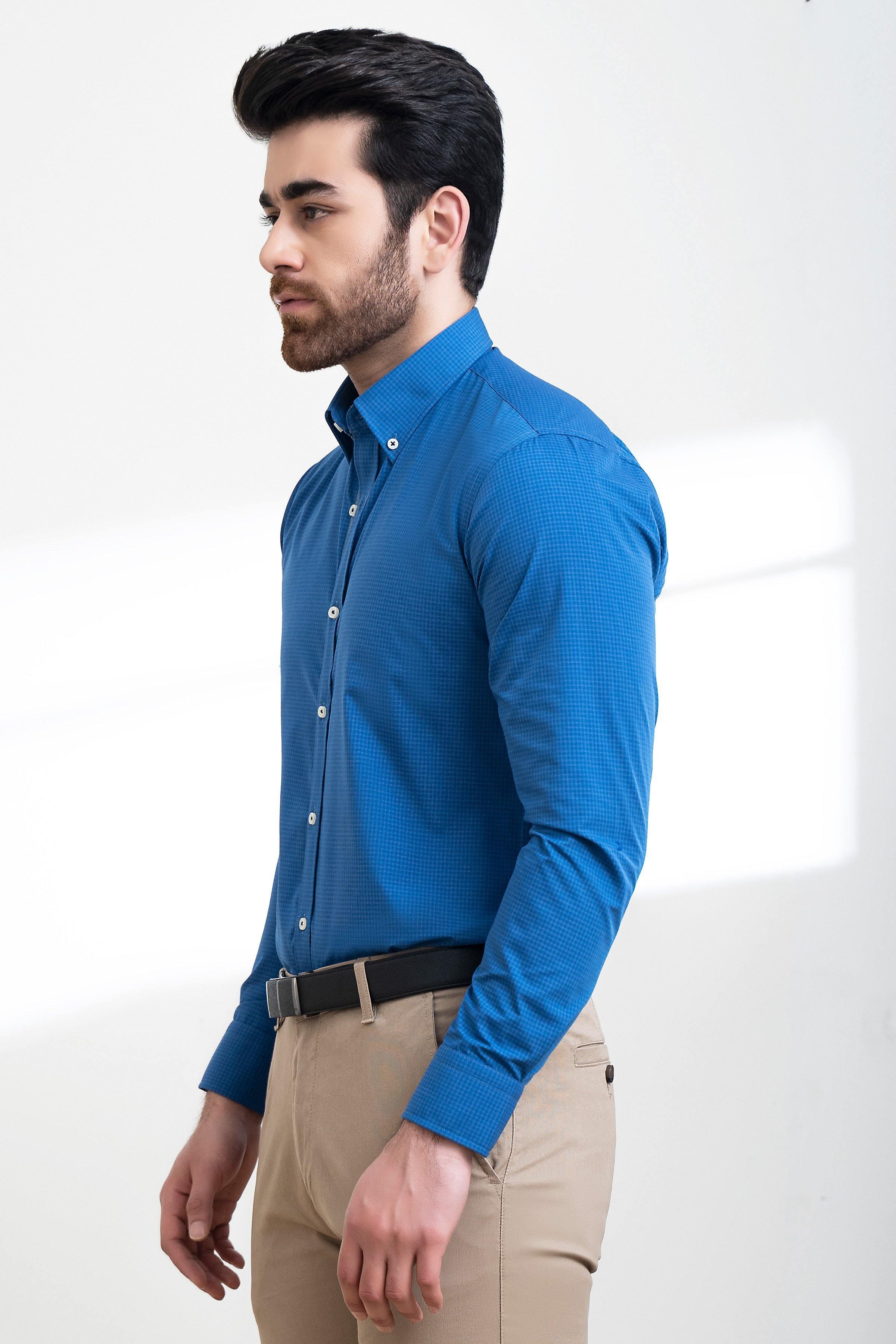 SEMI FORMAL SHIRT FULL SLEEVE BUTTON DOWN BLUE CHECK at Charcoal Clothing