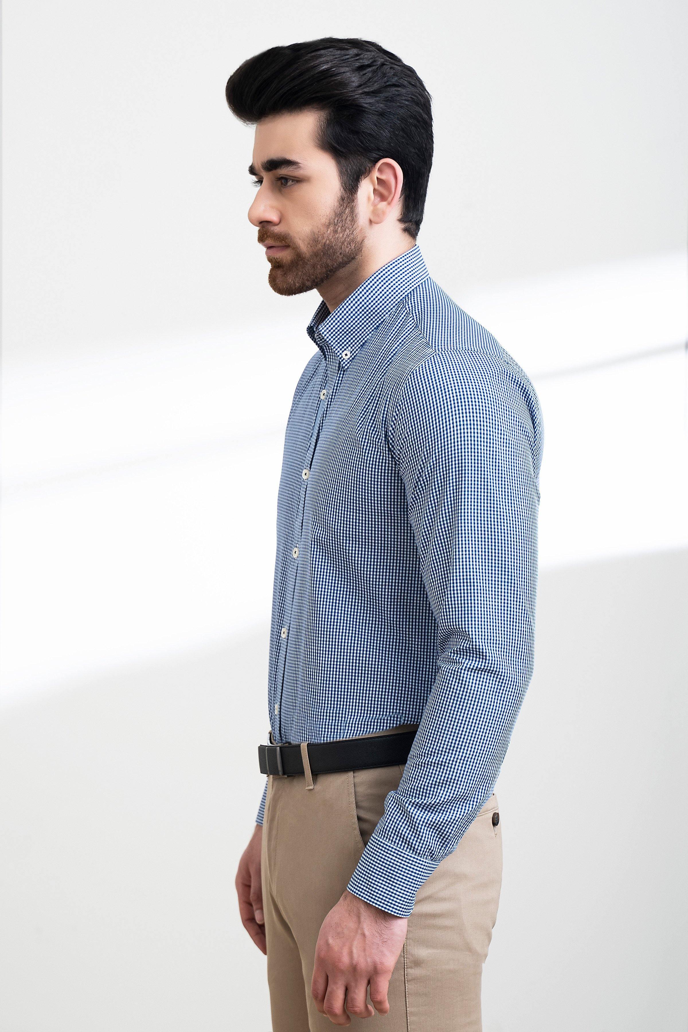 SEMI FORMAL SHIRT FULL SLEEVE BUTTON DOWN BLUE WHITE CHECK at Charcoal Clothing