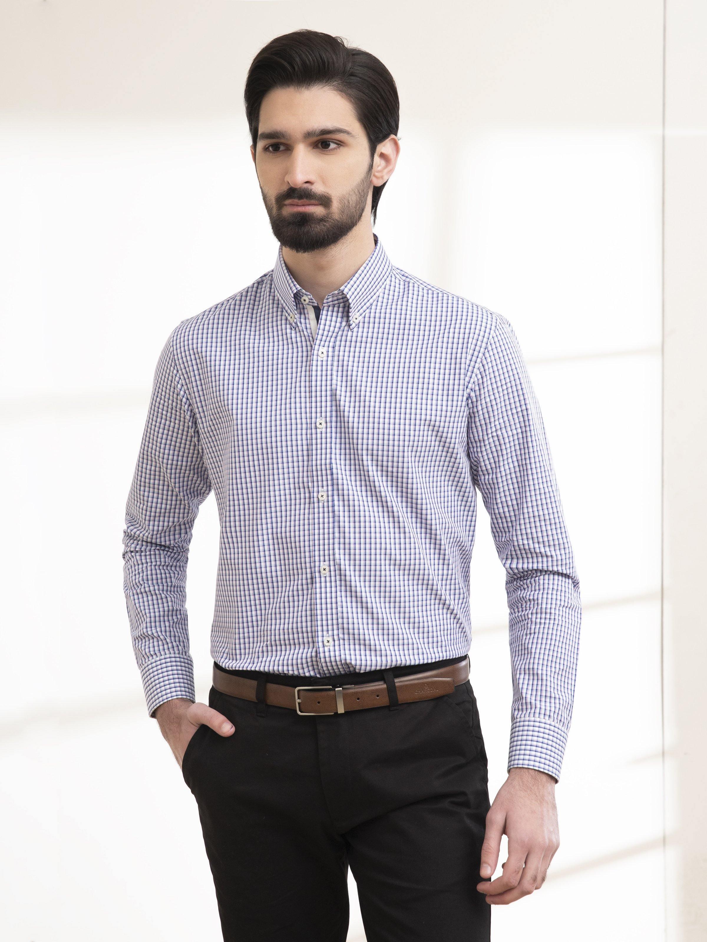 SEMI FORMAL SHIRT FULL SLEEVE BUTTON DOWN BLUE WHITE CHECK at Charcoal Clothing