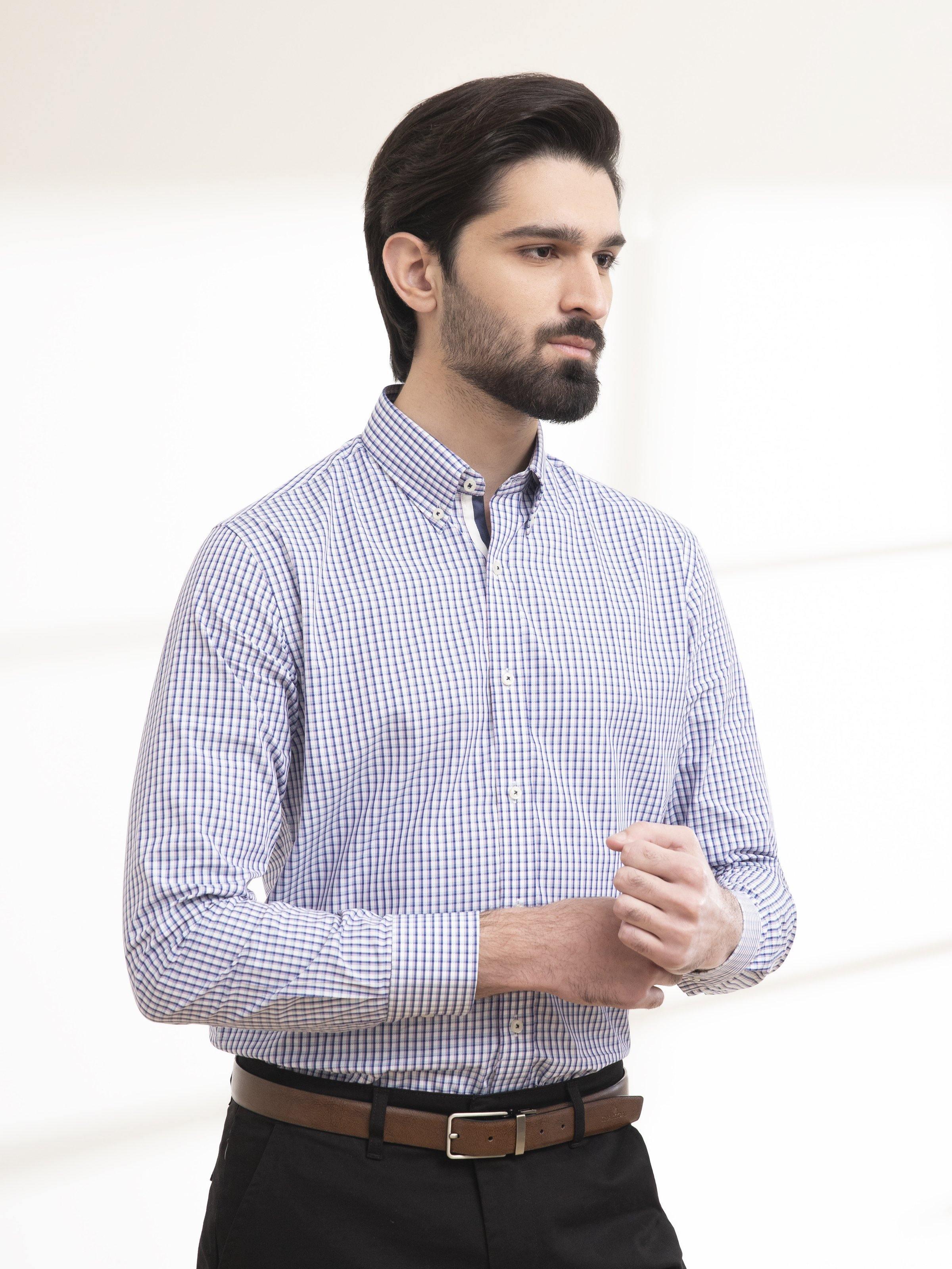 SEMI FORMAL SHIRT FULL SLEEVE BUTTON DOWN BLUE WHITE CHECK at Charcoal Clothing