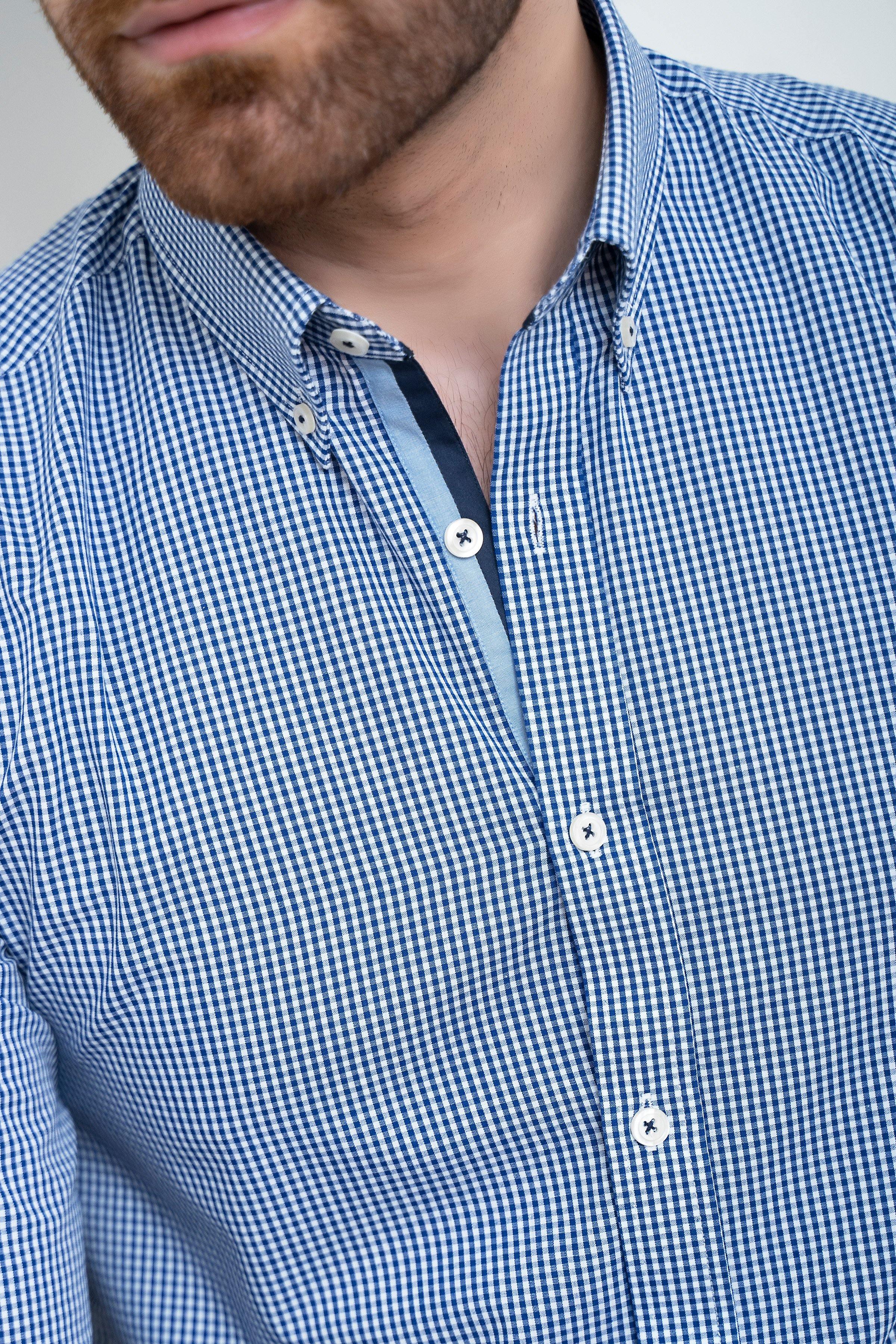 SEMI FORMAL SHIRT FULL SLEEVE BUTTON DOWN BLUE WHITE CHECK at Charcoal Clothing
