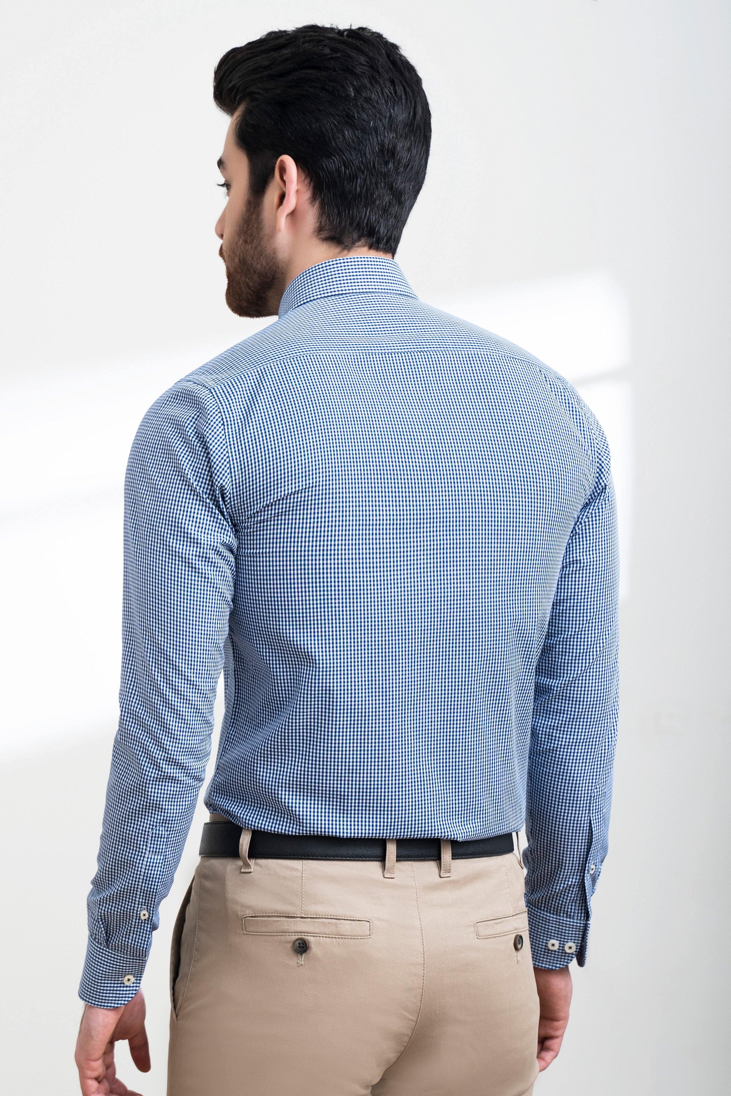 SEMI FORMAL SHIRT FULL SLEEVE BUTTON DOWN BLUE WHITE CHECK at Charcoal Clothing