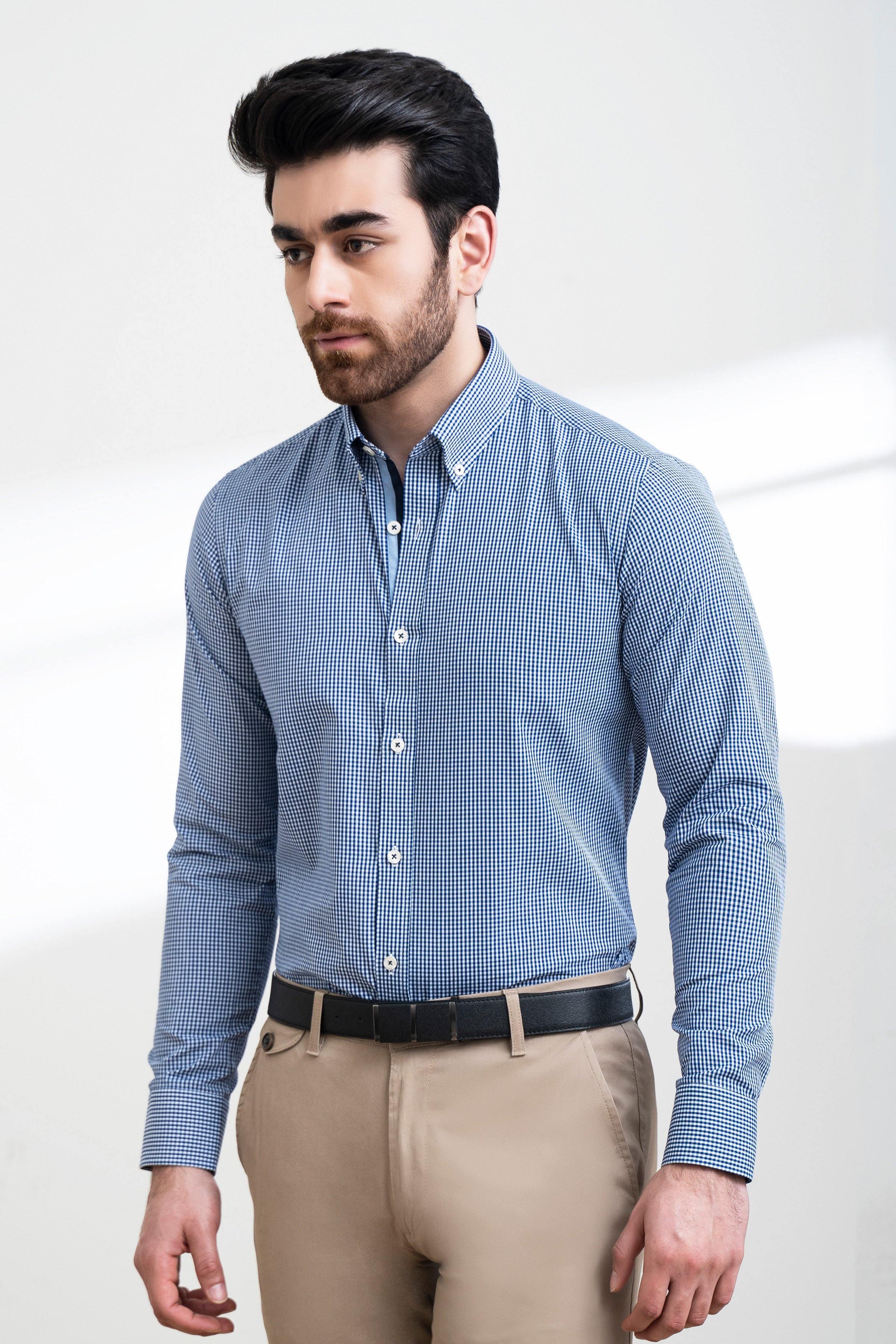 SEMI FORMAL SHIRT FULL SLEEVE BUTTON DOWN BLUE WHITE CHECK at Charcoal Clothing