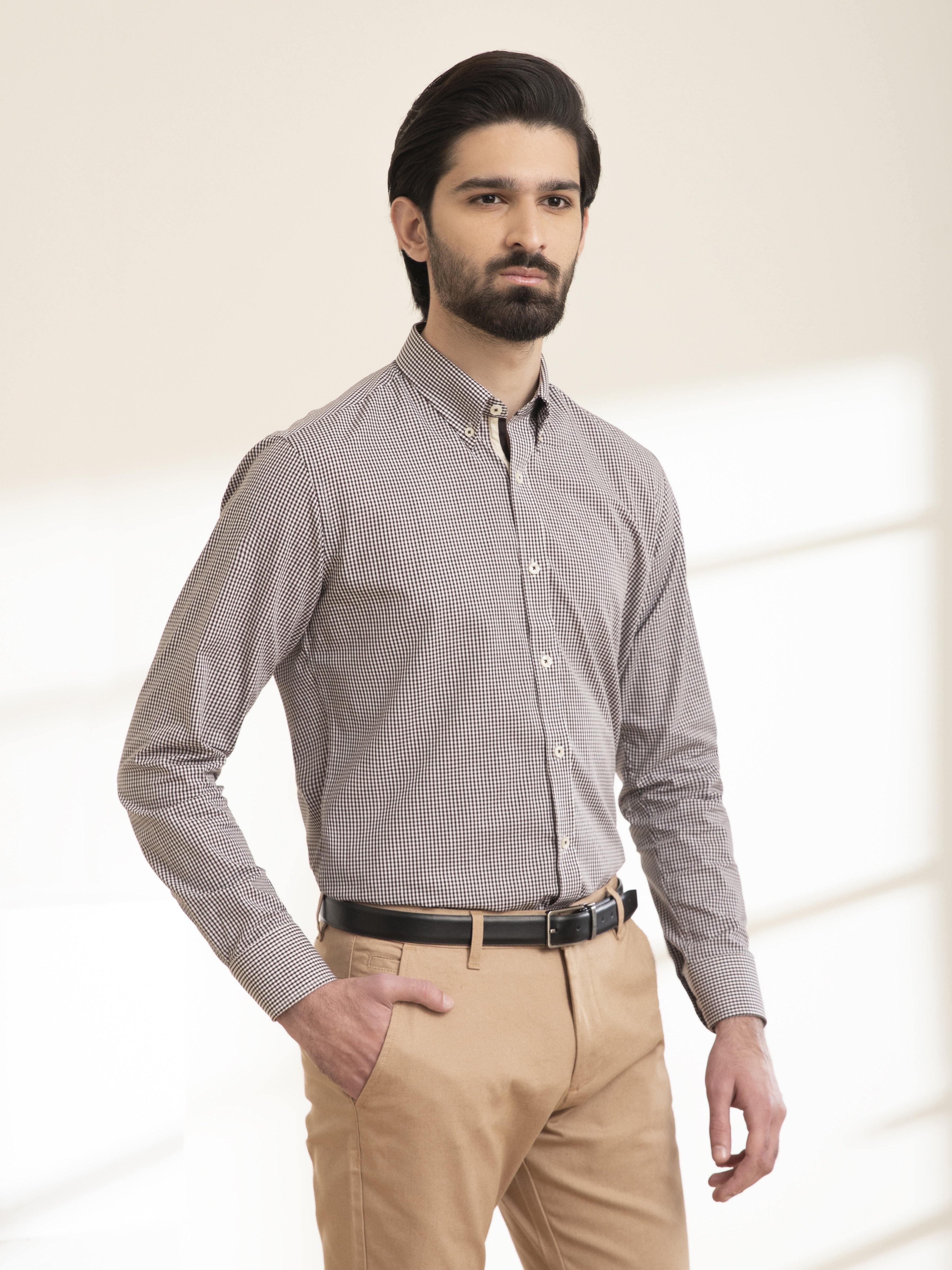SEMI FORMAL SHIRT FULL SLEEVE BUTTON DOWN BROWN WHITE at Charcoal Clothing
