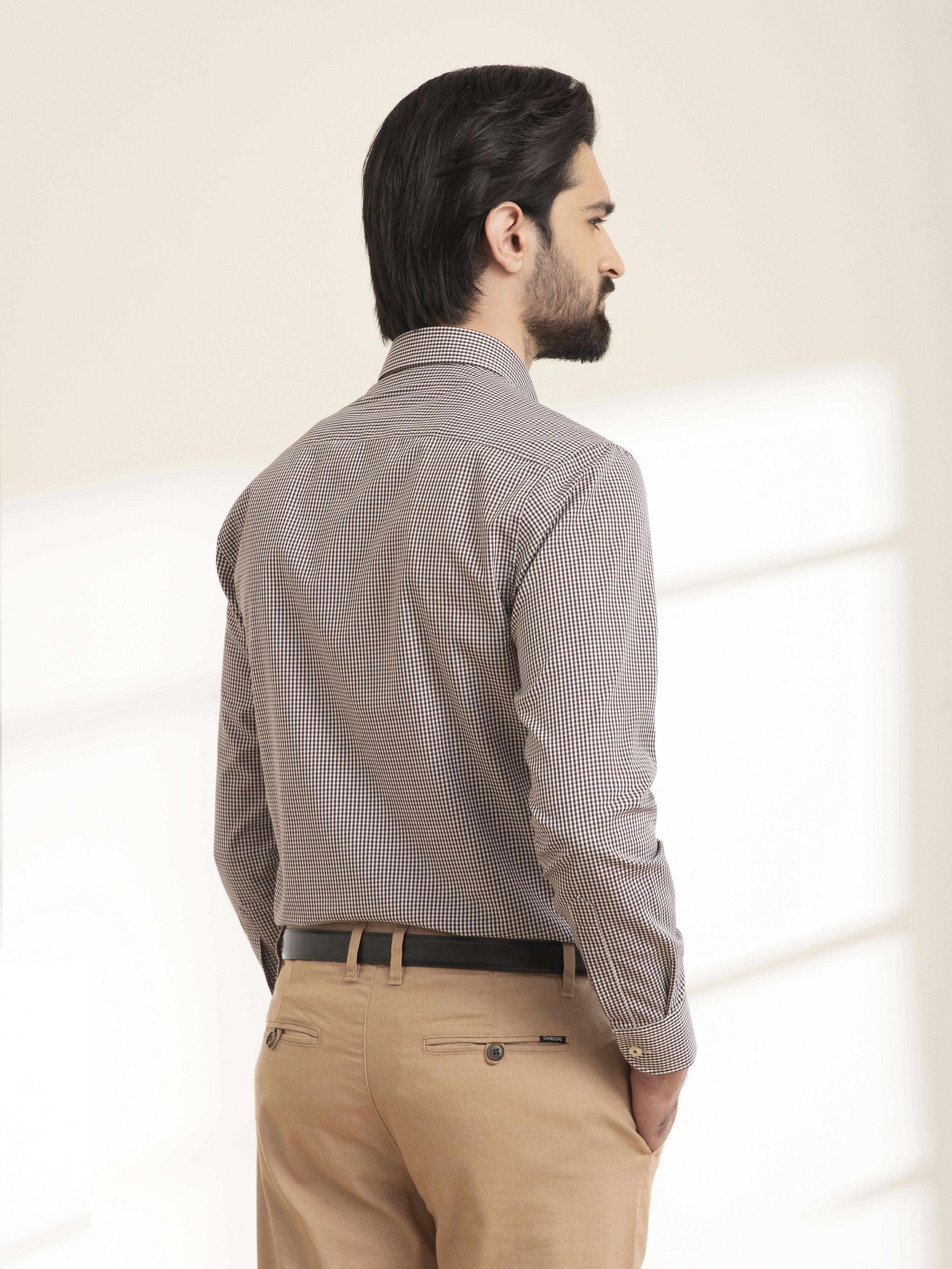 SEMI FORMAL SHIRT FULL SLEEVE BUTTON DOWN BROWN WHITE at Charcoal Clothing