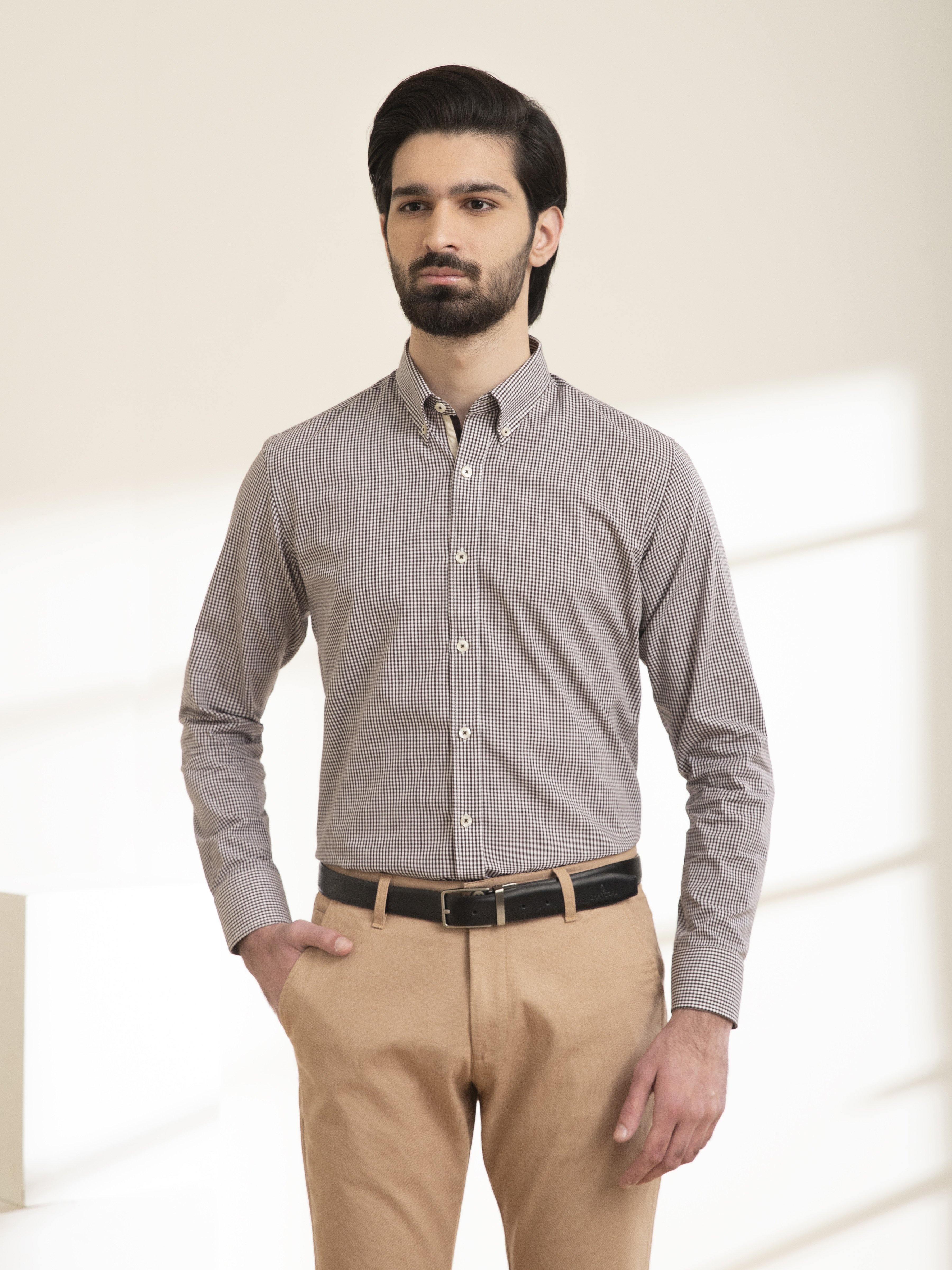 SEMI FORMAL SHIRT FULL SLEEVE BUTTON DOWN BROWN WHITE at Charcoal Clothing