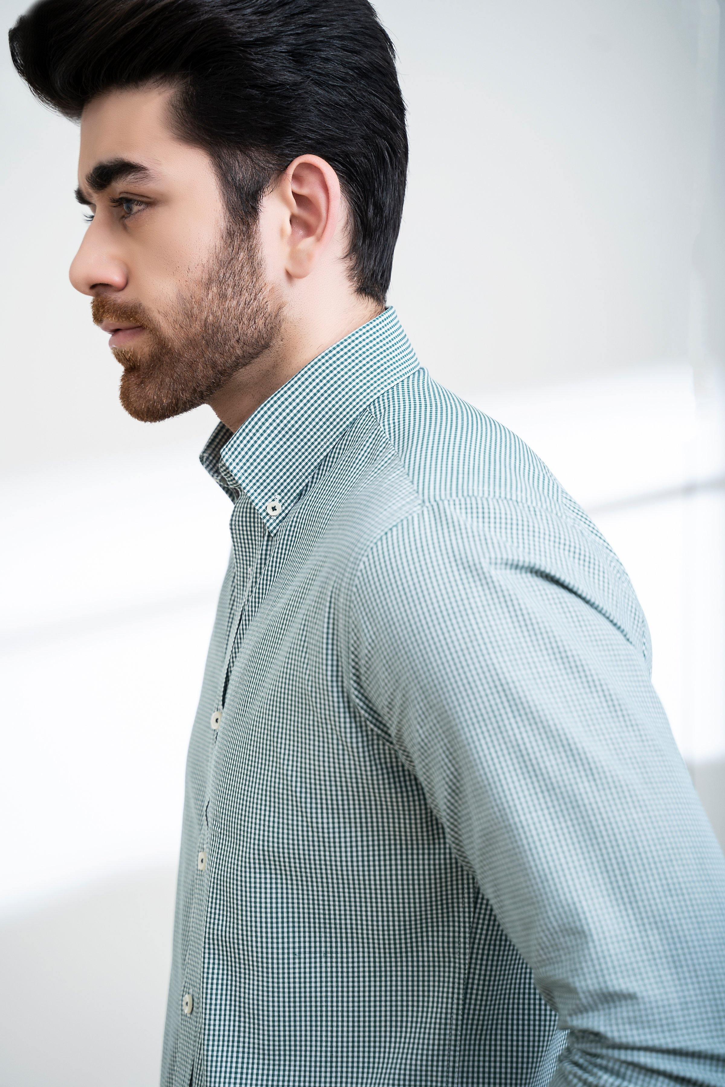 SEMI FORMAL SHIRT FULL SLEEVE BUTTON DOWN GREEN WHITE at Charcoal Clothing