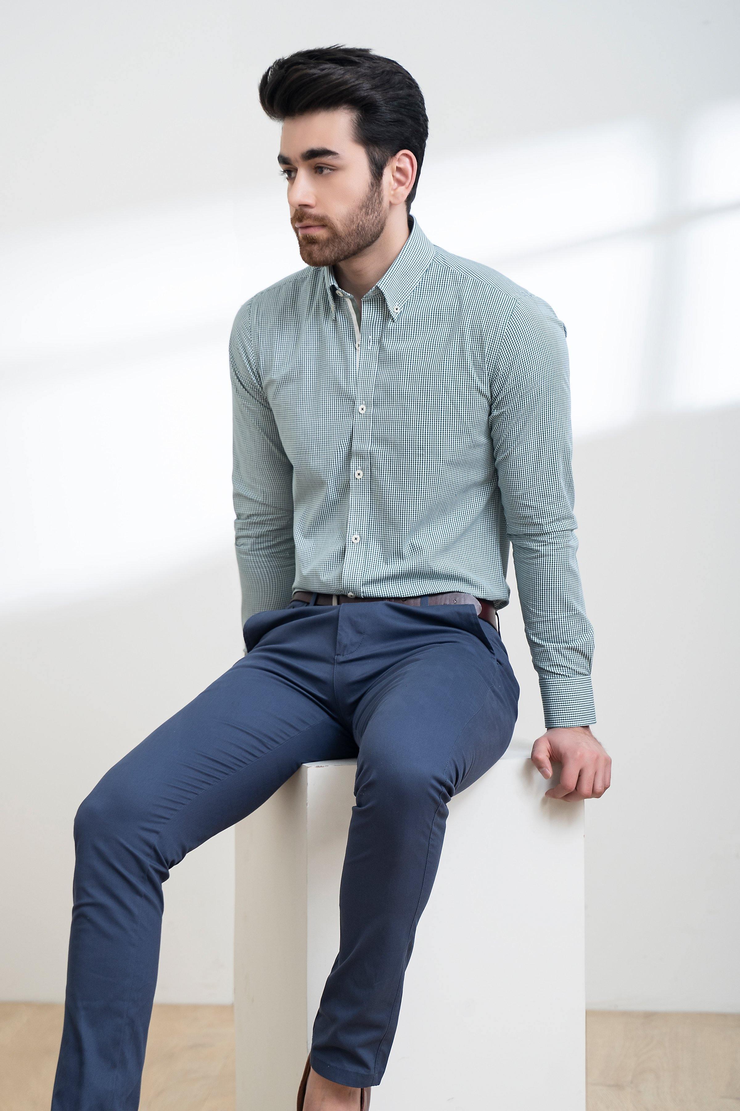 SEMI FORMAL SHIRT FULL SLEEVE BUTTON DOWN GREEN WHITE at Charcoal Clothing